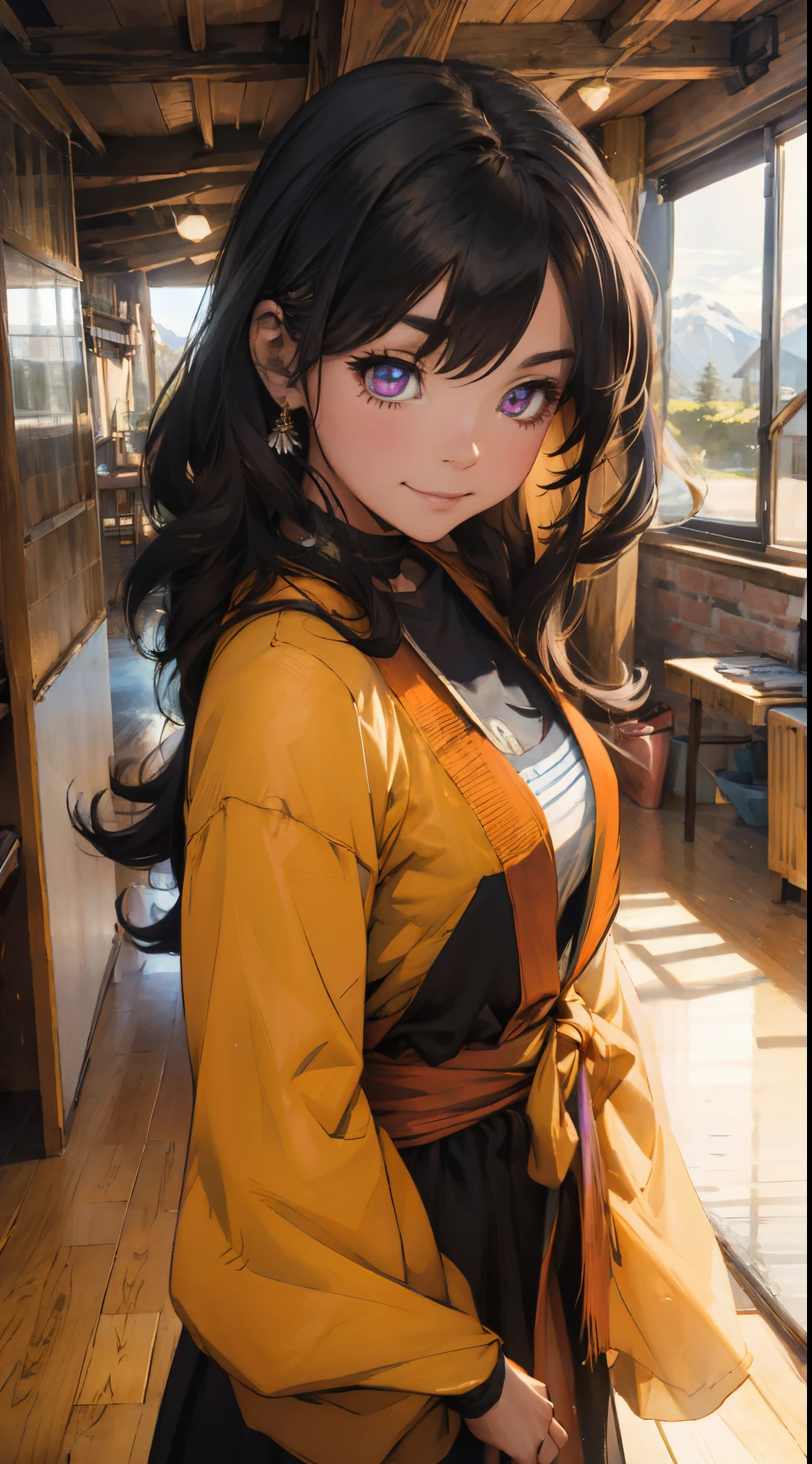 A mature woman, medium-length long black-purple hair, curly bangs, sly eyes, a playful smile, an elegant and wise demeanor, a simple fantasy martial arts-style orange two-piece dress with a long skirt, wide sleeves, a flowing hem, Gracefully strolling in an ancient building towering among the mountains, this character embodies a finely crafted fantasy martial arts-style female warrior in anime style, exquisite and mature manga art style, high definition, best quality, highres, ultra-detailed, ultra-fine painting, extremely delicate, professional, anatomically correct, symmetrical face, extremely detailed eyes and face, high quality eyes, creativity, RAW photo, UHD, 8k, Natural light, cinematic lighting, masterpiece-anatomy-perfect, masterpiece:1.5