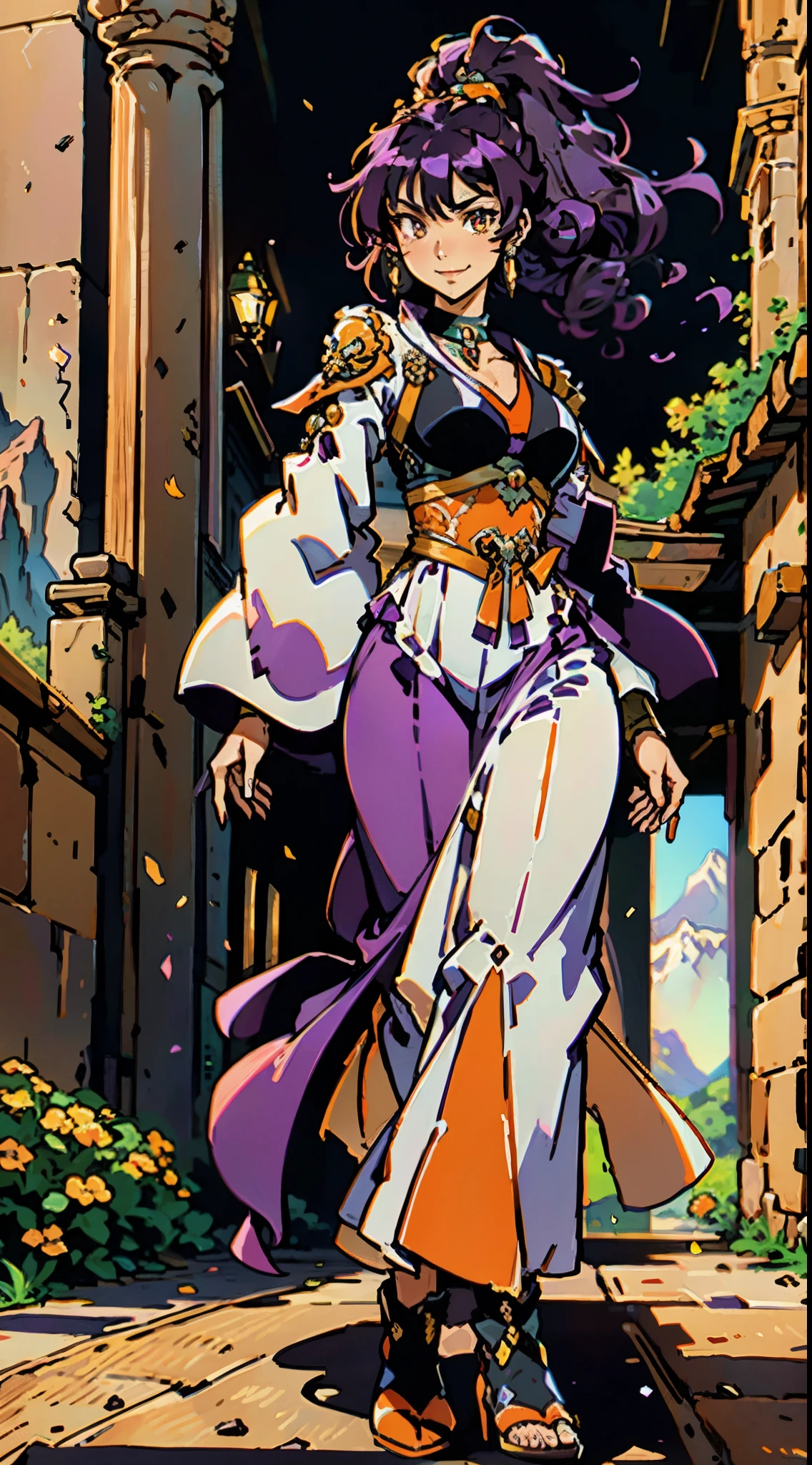 A mature woman, medium-length long black-purple hair, curly bangs, sly eyes, a playful smile, an elegant and wise demeanor, a simple fantasy martial arts-style orange two-piece dress with a long skirt, wide sleeves, a flowing hem, Gracefully strolling in an ancient building towering among the mountains, this character embodies a finely crafted fantasy martial arts-style female warrior in anime style, exquisite and mature manga art style, high definition, best quality, highres, ultra-detailed, ultra-fine painting, extremely delicate, professional, anatomically correct, symmetrical face, extremely detailed eyes and face, high quality eyes, creativity, RAW photo, UHD, 8k, Natural light, cinematic lighting, masterpiece-anatomy-perfect, masterpiece:1.5