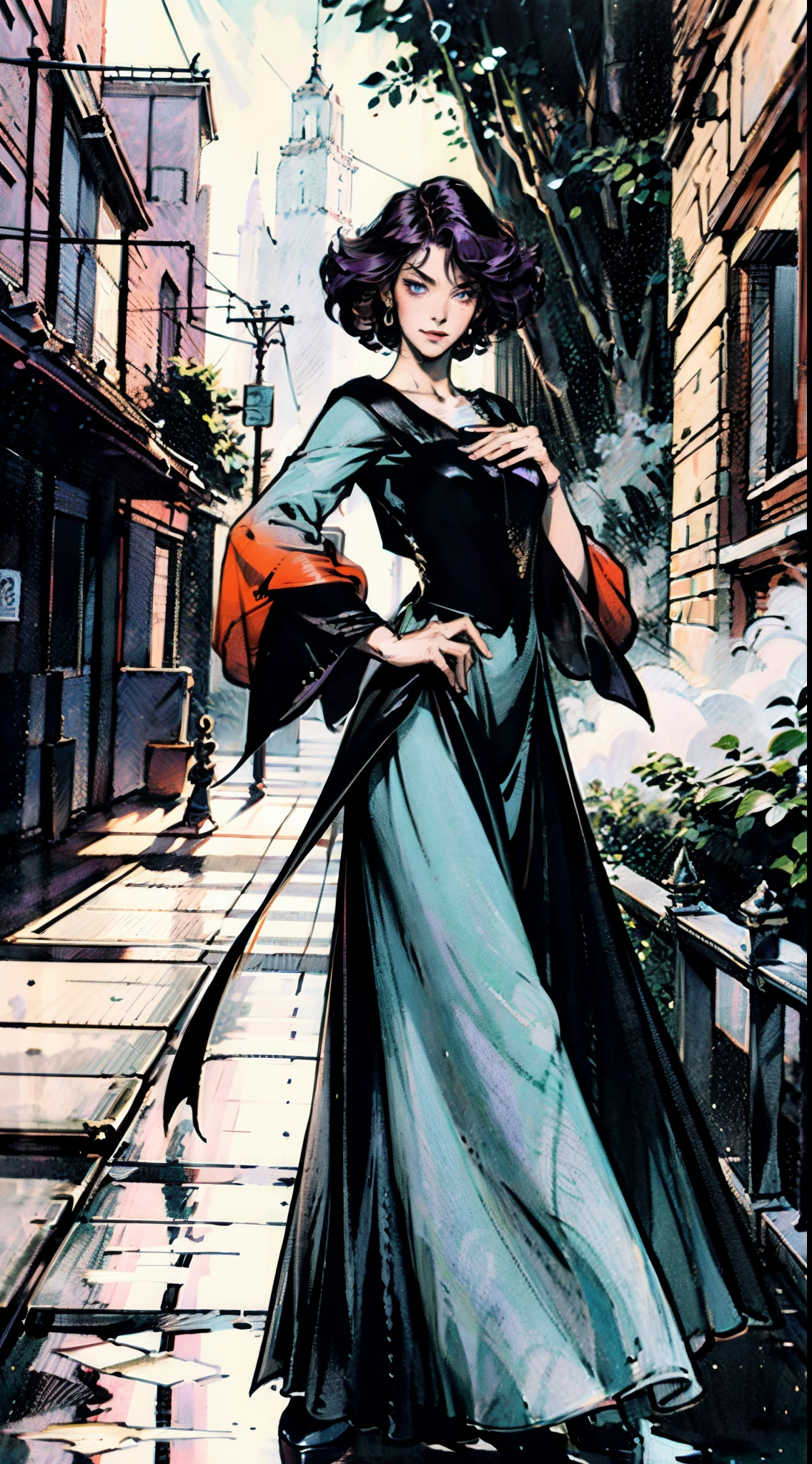 A mature woman, medium-length long black-purple hair, curly bangs, sly eyes, a playful smile, an elegant and wise demeanor, a simple fantasy martial arts-style orange two-piece dress with a long skirt, wide sleeves, a flowing hem, Gracefully strolling in an ancient building towering among the mountains, this character embodies a finely crafted fantasy martial arts-style female warrior in anime style, exquisite and mature manga art style, high definition, best quality, highres, ultra-detailed, ultra-fine painting, extremely delicate, professional, anatomically correct, symmetrical face, extremely detailed eyes and face, high quality eyes, creativity, RAW photo, UHD, 8k, Natural light, cinematic lighting, masterpiece-anatomy-perfect, masterpiece:1.5