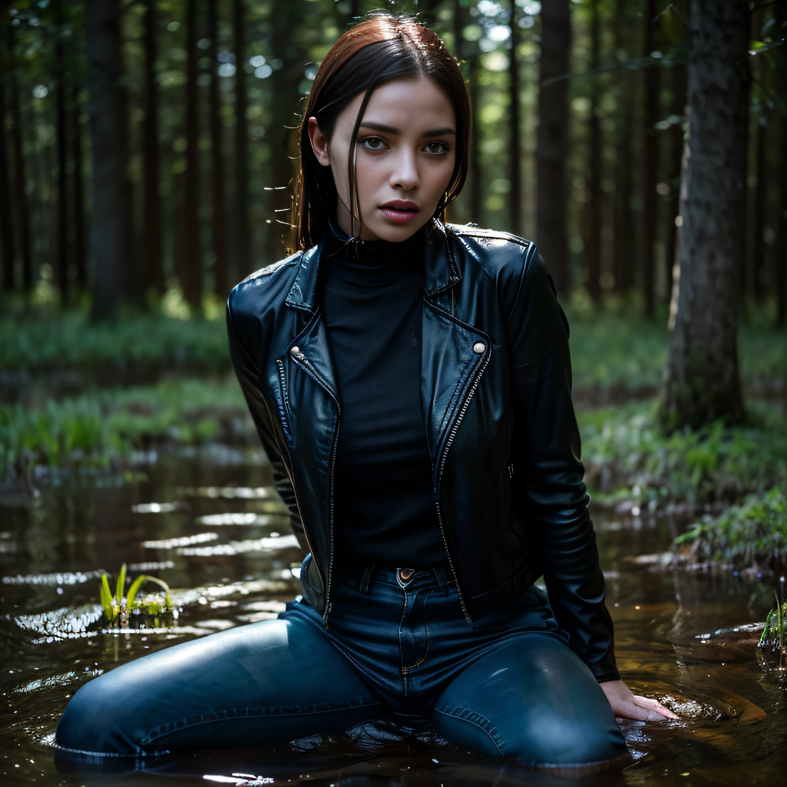 In the pose of the rider:1.7,wet heavy leather jacket,Wet flared jeans,turtleneck top,Humiliating pleasure,Forest swamp,drowning in a swamp,Lustful,desire,Seductive expression,Mysterious atmosphere,moody lighting,vicious sexuality,Dmnaya atmosphere,Emotional Intensity,impassioned,Vulnerability