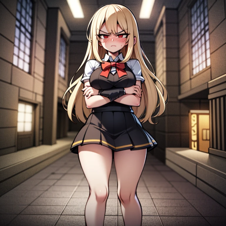 Angry,human girl,arms crossed,petite body,long flowing blonde hair, looking away from POV,glare,black school uniform, short skirt,thick legs, blushing face, embarrassed expression