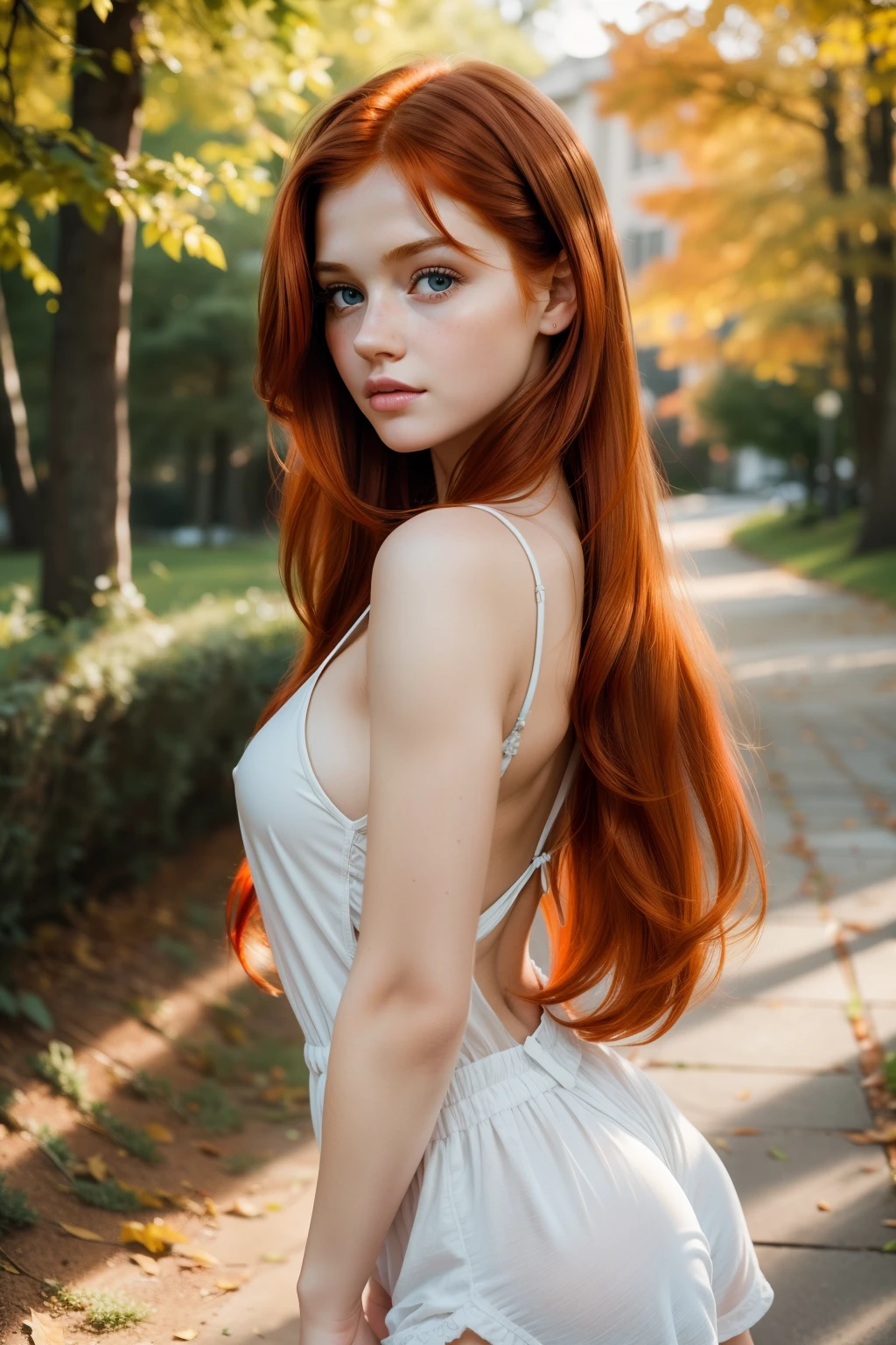young girl, redhead, cinematic, The portrait showcases a young (redhead girl:1.6) with a shy and innocent demeanor, blueish eyes, sensual slim face, big lips, BIG TITS and shorts, Her hair is styled sleek and straight, elegantly framing her face with adorable long hairl .Her face is illuminated by gentle lighting, highlighting her delicate features. The girl's eyes sparkle with a hint of curiosity and her lips form a subtle, shy smile. The background consists of a ourtoor nature autum scenery muted and warm-toned setting, providing a calm and serene atmosphere. The composition focuses on the girl's face, capturing the intricate details of her flawless skin, The overall image exudes a sense of tranquility and captures the innocence and gentleness of youth