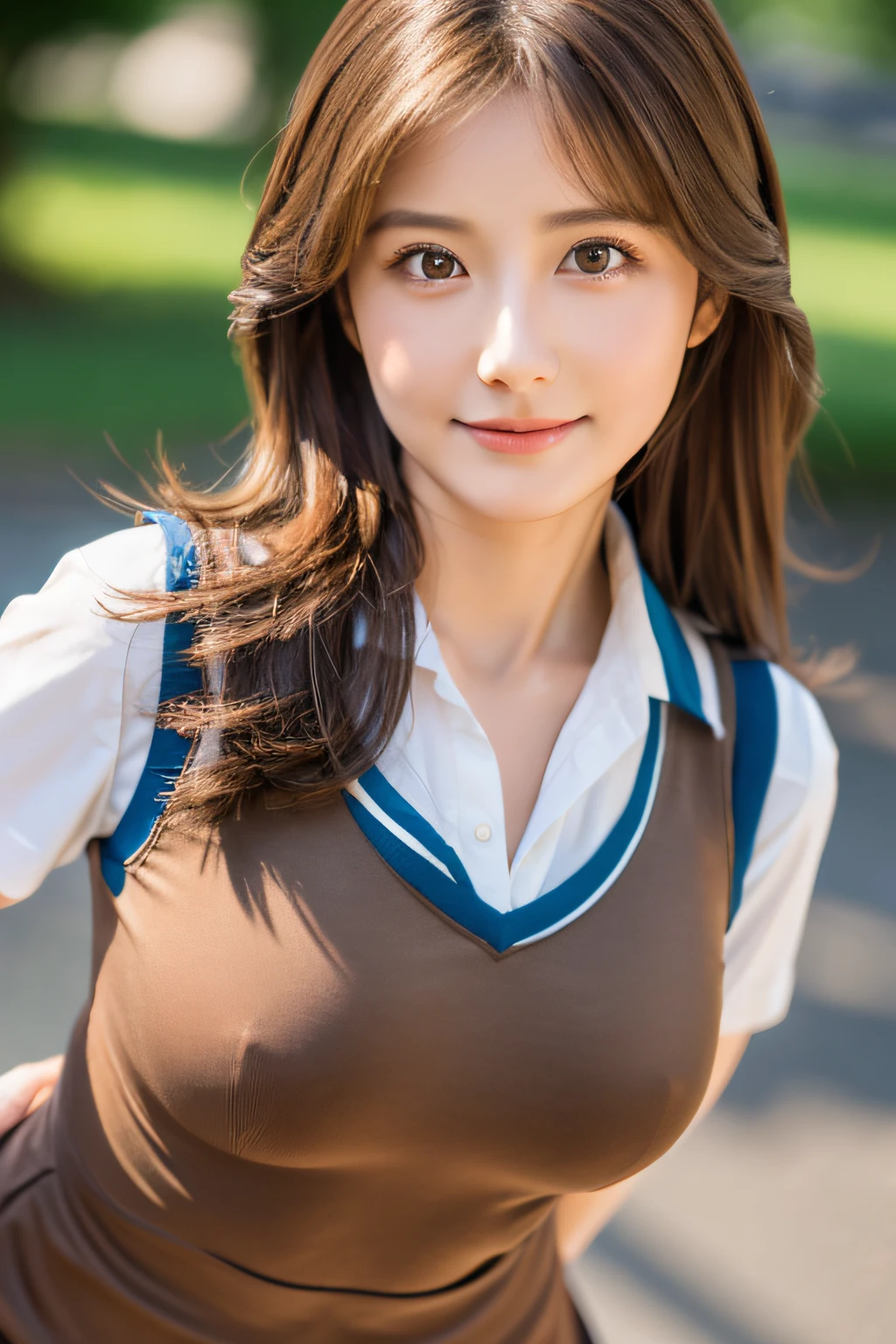School uniform,pantyhose,Cute,mature youngster,Super,Full body,nice perfect face with soft skin perfect face,gorgeous long wavy brown-haired,8K resolution,Ultra-realistic,Ultra-detailed,hightquality,huge-breasted:1.7),Emphasizes cleavage,
