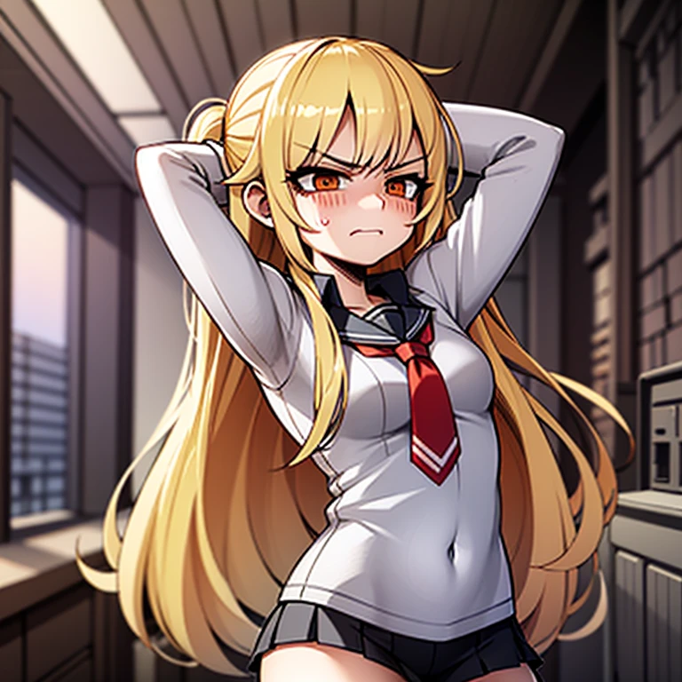 Angry,human girl,arms crossed,petite body,long flowing blonde hair, looking away from POV,glare,black school uniform, short skirt,thick legs, blushing face, embarrassed expression, flat chest,