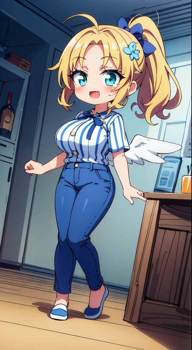 (masutepiece, Best Quality, Perfect Anatomy, High quality:1.4), nice hand, Perfect hands, Detailed beautiful hands, Large_filesize, fulcolor, hight resolution, symmetric, exceptional, Best aesthetic, newest, Anime, very beautiful detailed body、The hair、faces、The eye, (Chibi, Full body:1.6),
BREAK,
1 beautiful girl, girl with, (Cute:1.5),(Chibi:0.5),(kawaii:2.0),(Lori:2.0),( girl),(large full breasts:1.65),(Ahoge,High Ponytail,Blonde hair, blue bow, Green eyes,eyebrows visible through hair,side locks,Parted bangs,Long hair, Hair Flower, Hair Ornament, Big ribbon in the hair, Curly hair,Bow:1.4),:D,(Angel,White feathers, one white winged, Angel wings,Spread wings, Glowing wings),pitt \(Kid Icarus\),gleaming skin, Clear skin, shining beautiful skin, Open mouth,Smile, Solo, tusk, Upper teeth,(long eyelashes, Double eyelids:1.2),Solo,gleaming skin, Clear skin, Beautiful skin,(best quality face),(Top quality glowing eyes),(The best smile,Doya face:1.45),BREAK, (calm and natural smile,Open mouth:1.1)//(blue and white vertical striped shirt,navy blue chino pants:1.3)//Standing,Showroom,(A convenience store with a modern white interior.:1.3)//From Side,Centered,Waterfall,depth of fields,
BREAK,wakame,wakame,wakame,(Dynamic Angle:1.4),
BREAK,(Blurry background:1.3),(absurderes, hight resolution, Super Detail Art),cel shading,Clear Color, Lonely optical effect, Beautiful pictures, Bright glow, mystic atmosphere,(Close-up of girl:1.1), Mystical light particle effect,manga influence, clean line drawings,