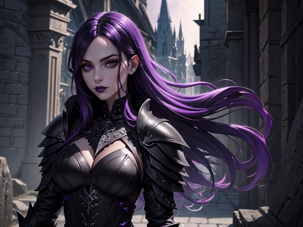 An adult vampire wizard character wearing a very detailed and beautiful gothic armor in black and purple color. Seu cabelo com corte em estilo curto, black lip color, cor roxa dos olhos;, manto, capuz, caminhando, 8k, Magnificent, Black and purple Gothic armor, capa