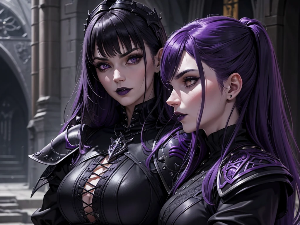 An adult vampire wizard character wearing a very detailed and beautiful gothic armor in black and purple color. Seu cabelo com corte em estilo curto, black lip color, cor roxa dos olhos;, manto, capuz, caminhando, 8k, Magnificent, Black and purple Gothic armor, capa