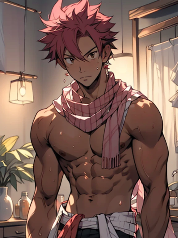 masterpiece, best quality red eyes, game cg, 1boy naked and V-Line sweating, solo, male focus, (looking at viewer), upper body sweating, natsu_dragneel Natsu Dragneel, pink hair, brown eyes, shirtless naked, ((white scarf)), toned muscle sweating, pectorals, 8 abs, toned legs, naked legs, slightly bulged, detailed, bedroom lighting, well lit, naked body, bedroom in the background, ((upper body)), (naked flaccid )