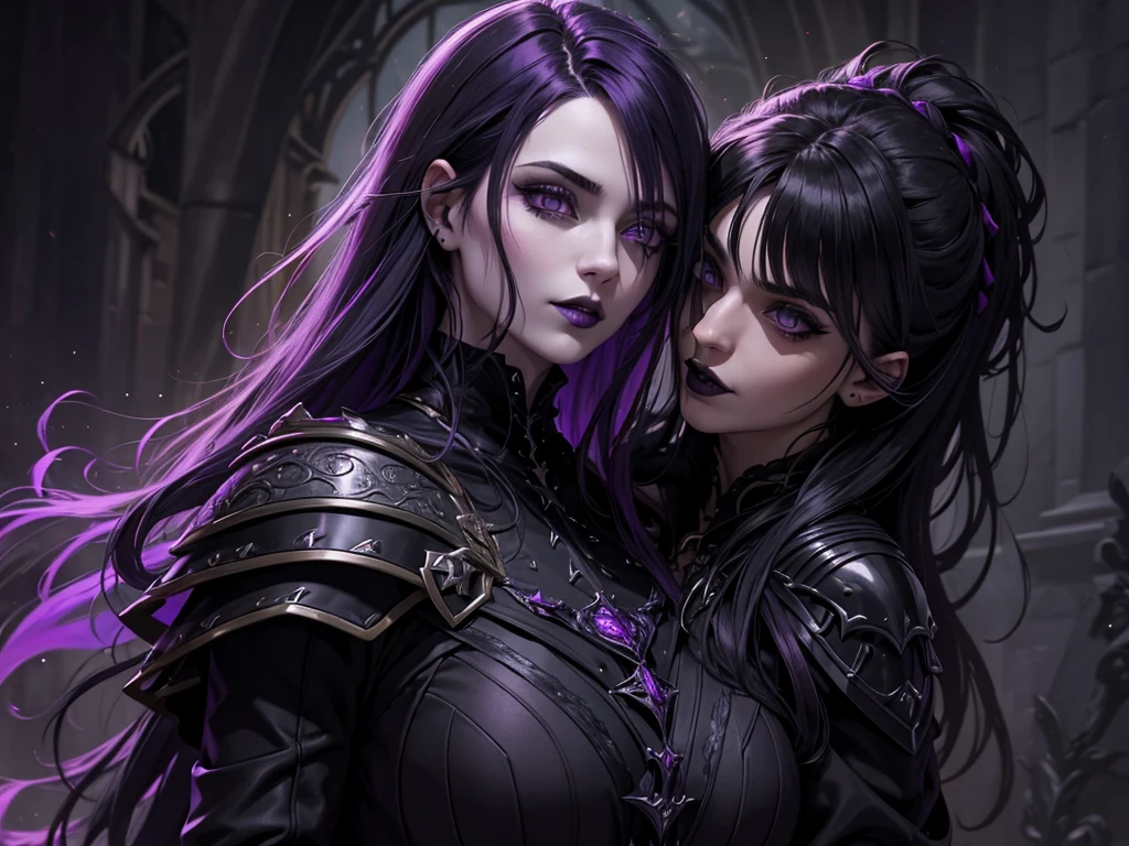 An adult vampire wizard character wearing a very detailed and beautiful gothic armor in black and purple color. Seu cabelo com corte em estilo curto, black lip color, cor roxa dos olhos;, manto, capuz, caminhando, 8k, Magnificent, Black and purple Gothic armor, capa