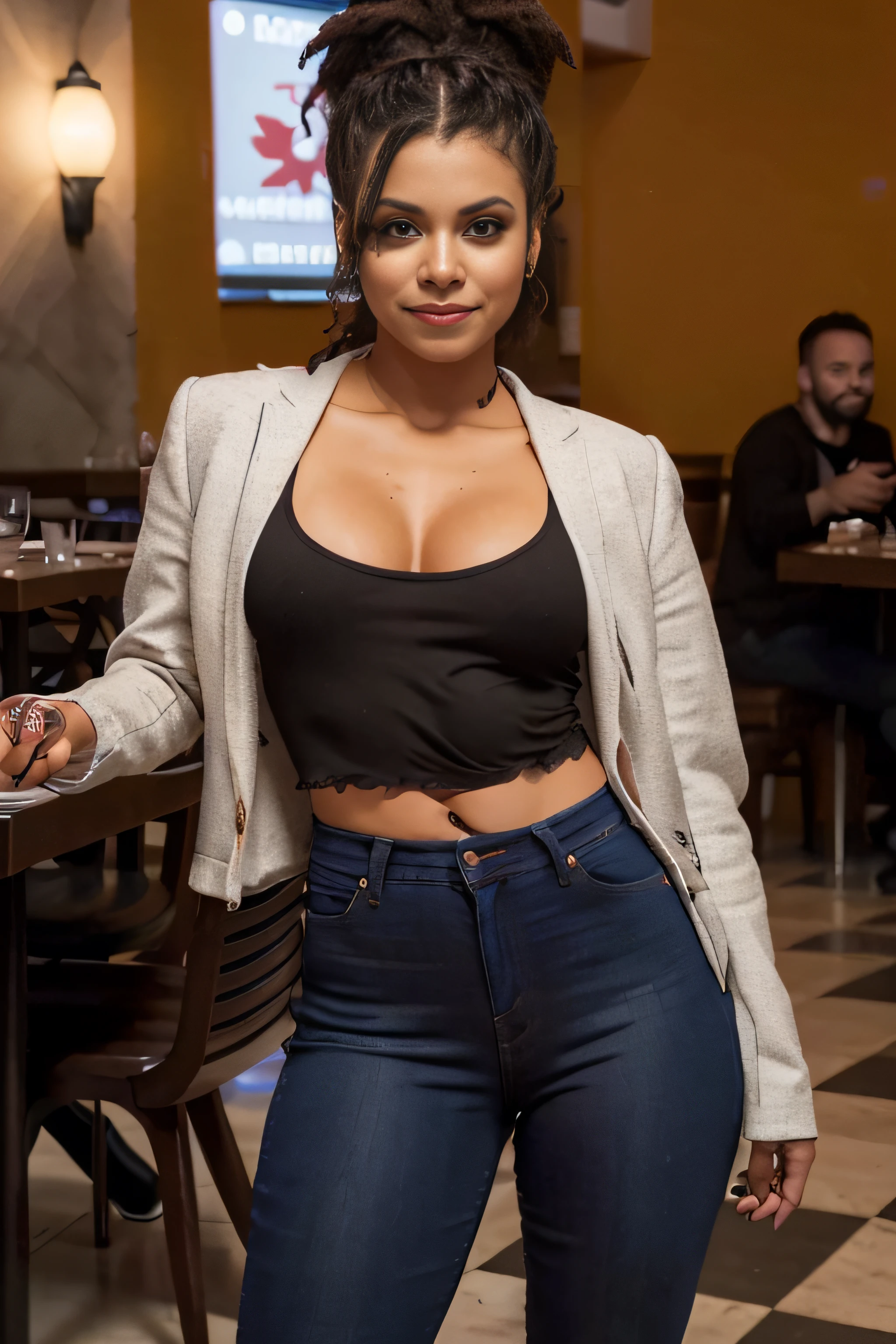 Photo of beautiful Caucasian woman, Zazie fotorrealista, Rastas, absurdos, ((con jeans desgastados, blusa escotada blanca y chaqueta negra sexy, sentada en restaurante, mirando a lo lejos))