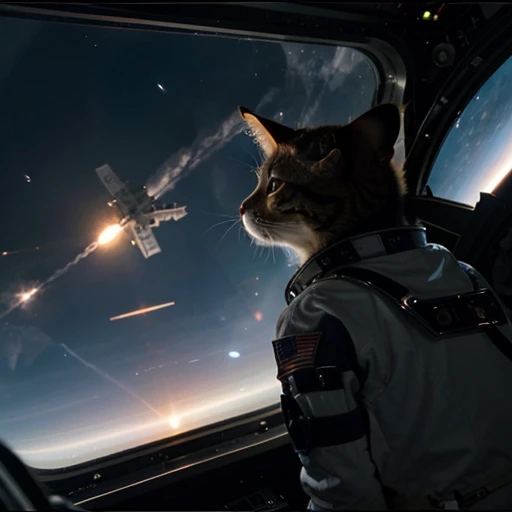 A photo in space. We see the earth and, in front, the space station from “2001 A Space Odyssey”. In the foreground, we see a cat floating in space in a space suit.
