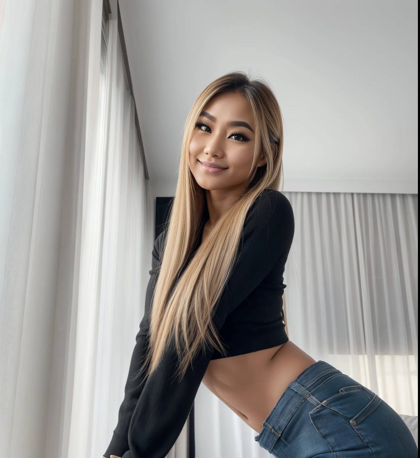Young Thai woman, Fit physique, fitness physique, wearing sexy black lingerie sitting on the couch with legs open, corps sexy, (8k), (Best quality), (Masterpiece:1.3), (Realstic), (photoreallistic:1.34), Ultra-detailed, [beautiful detailed  eyes], (sourire), (sourire), (beautiful nose detailed), [very long blonde hair], (haut court), lingerie noire, (superbes seins taille normale), (gros plan), profondeur de champ, full body view, sitting on sofa, legs spread, showing crotch, pieds en l'air