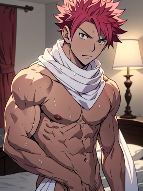masterpiece, best quality red eyes, game cg, 1boy naked and V-Line sweating, solo, male focus, (looking at viewer), upper body sweating, natsu_dragneel Natsu Dragneel, pink hair, brown eyes, shirtless naked, ((white scarf:1.2)), toned muscle sweating, pectorals, 8 abs, toned legs, naked legs, slightly bulged, detailed, bedroom lighting, well lit, naked body, bedroom in the background, ((upper body)), (naked flaccid )