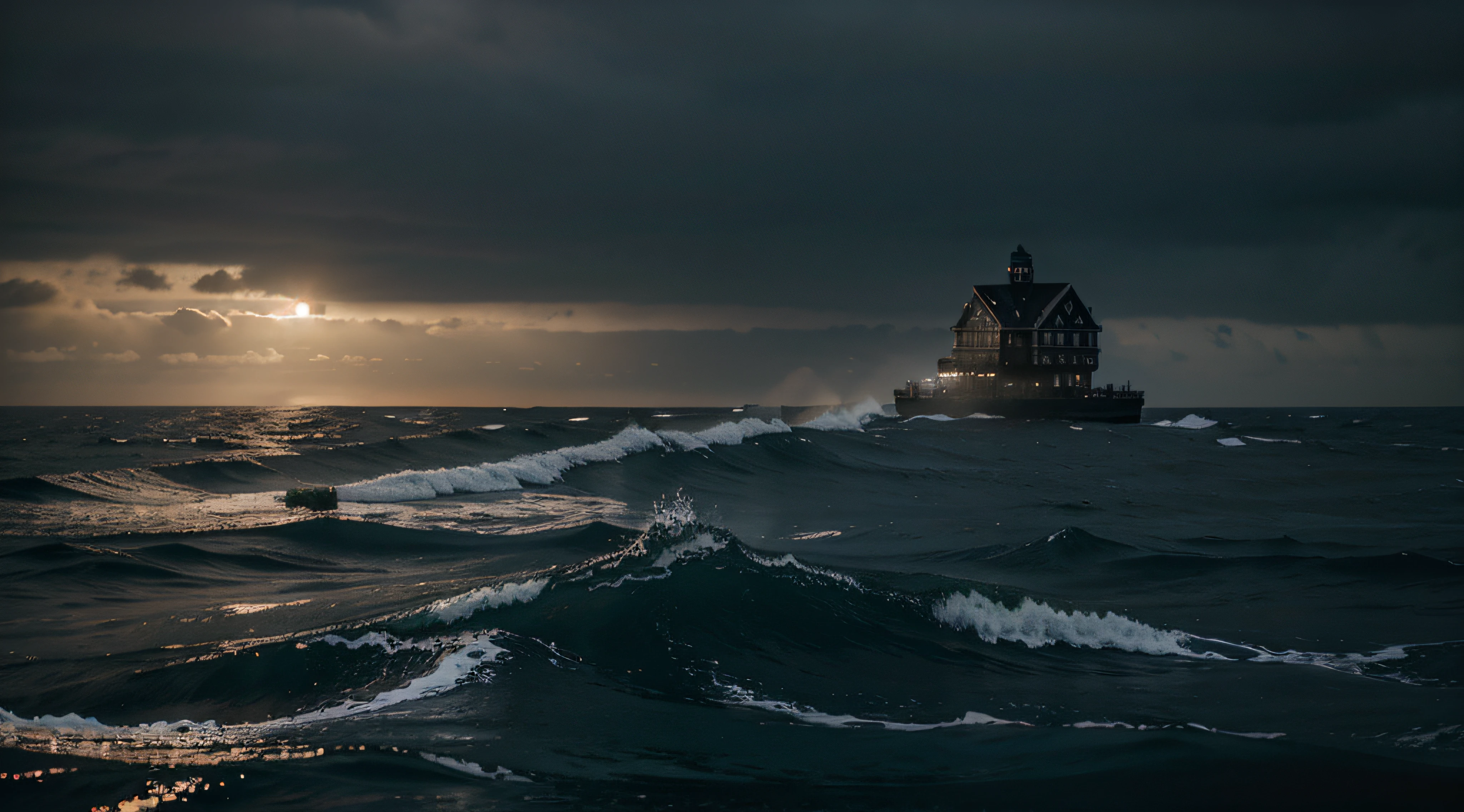 cinematic dark sky fog and ocean and realistic sun with some building on water\