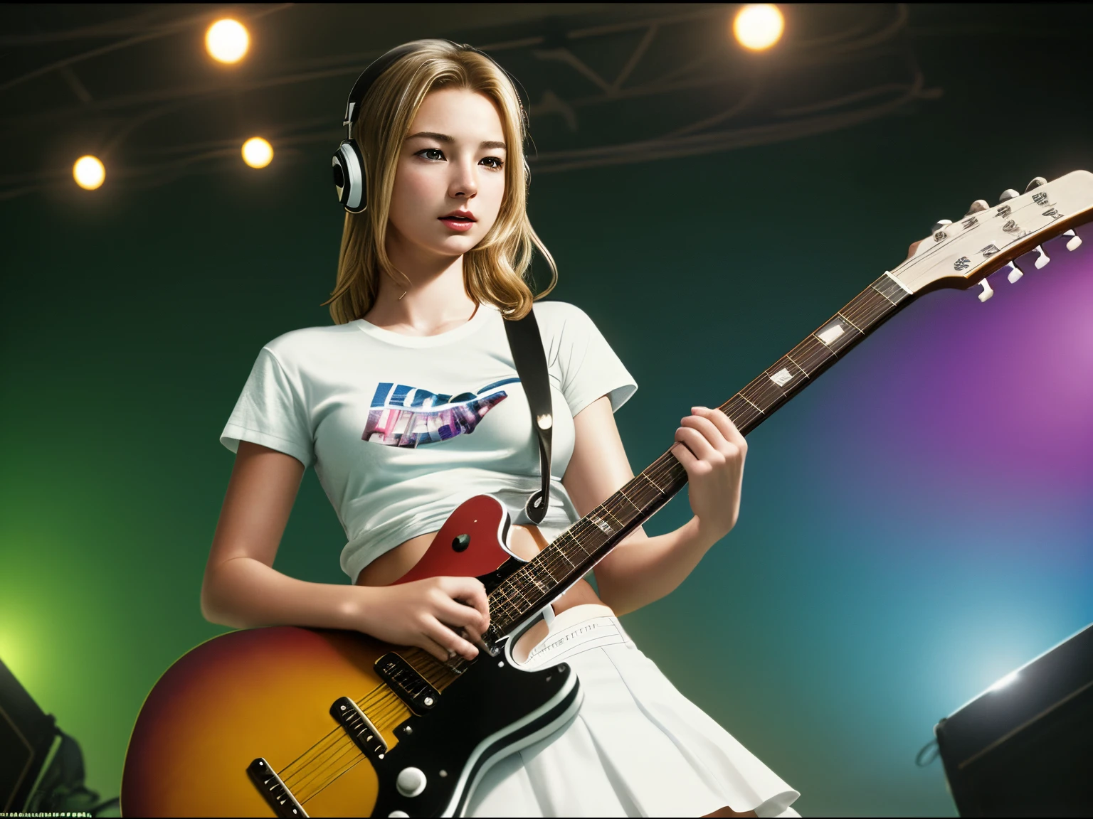 top quality 32k raw photo of 18-year-old Emily VanCamp wearing white T shirt and jeans skirt and headphone. navel look. she is on the disco stage playing guitar. colorful lights,