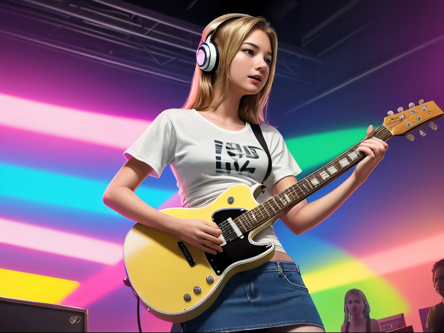 top quality 32k raw photo of 18-year-old Emily VanCamp wearing white T shirt and jeans skirt and headphone. navel look. she is on the disco stage playing guitar. colorful lights,