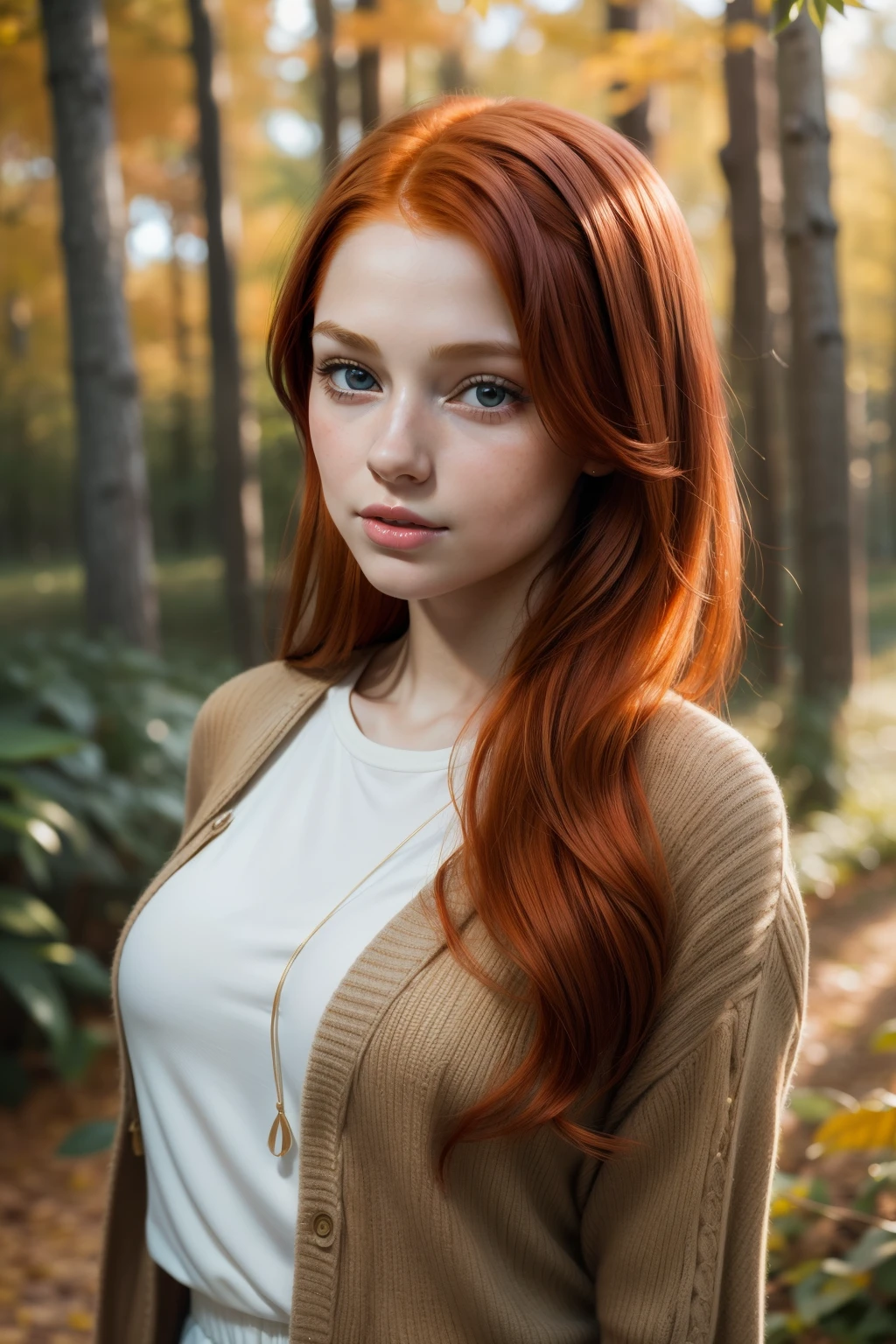 young girl,  redhead,  cinematic, The portrait showcases a young (redhead girl:1.6) with a shy and innocent demeanor,  blueish eyes,  sensual slim face,    big lips,    BIG TITS and shorts,  Her hair is styled sleek and straight,  elegantly framing her face with  adorable long hairl .Her face is illuminated by gentle lighting,  highlighting her delicate features. The girl's eyes sparkle with a hint of curiosity and her lips form a subtle,  shy smile. The background consists of a ourtoor nature autum scenery muted and warm-toned setting,  providing a calm and serene atmosphere. The composition focuses on the girl's face,  capturing the intricate details of her flawless skin,  The overall image exudes a sense of tranquility and captures the innocence and gentleness of youth