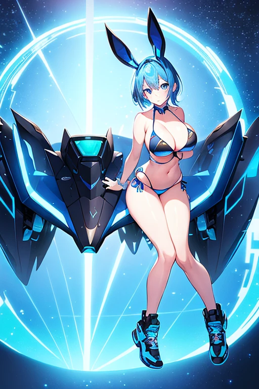 1girl, blue hair, large breasts, bunny ears, rabbit ears, wide hips, blue eyes, short hair, very short hair, science-fiction, tech, futuristic, machinery, full body, neon trim, bikini, black bikini, light smile, shoes, sneakers, blue trim, car, sports car, sport car