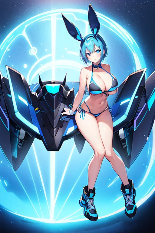 1girl, blue hair, large breasts, bunny ears, rabbit ears, wide hips, blue eyes, short hair, very short hair, science-fiction, tech, futuristic, machinery, full body, neon trim, bikini, black bikini, light smile, shoes, sneakers, blue trim, car, sports car, sport car