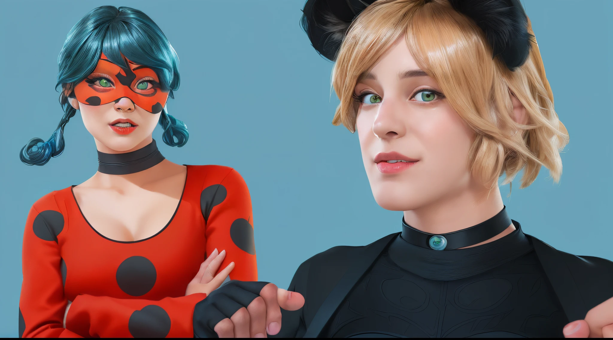 there are two people dressed up as lady bug and cat noir, miraculous ladybug, miraculous, high quality fanart, fan art publicity cosplay, portrait shot, realistic artstyle, highly detailed, cute girl and cute boy, 4k, high resolution, room background