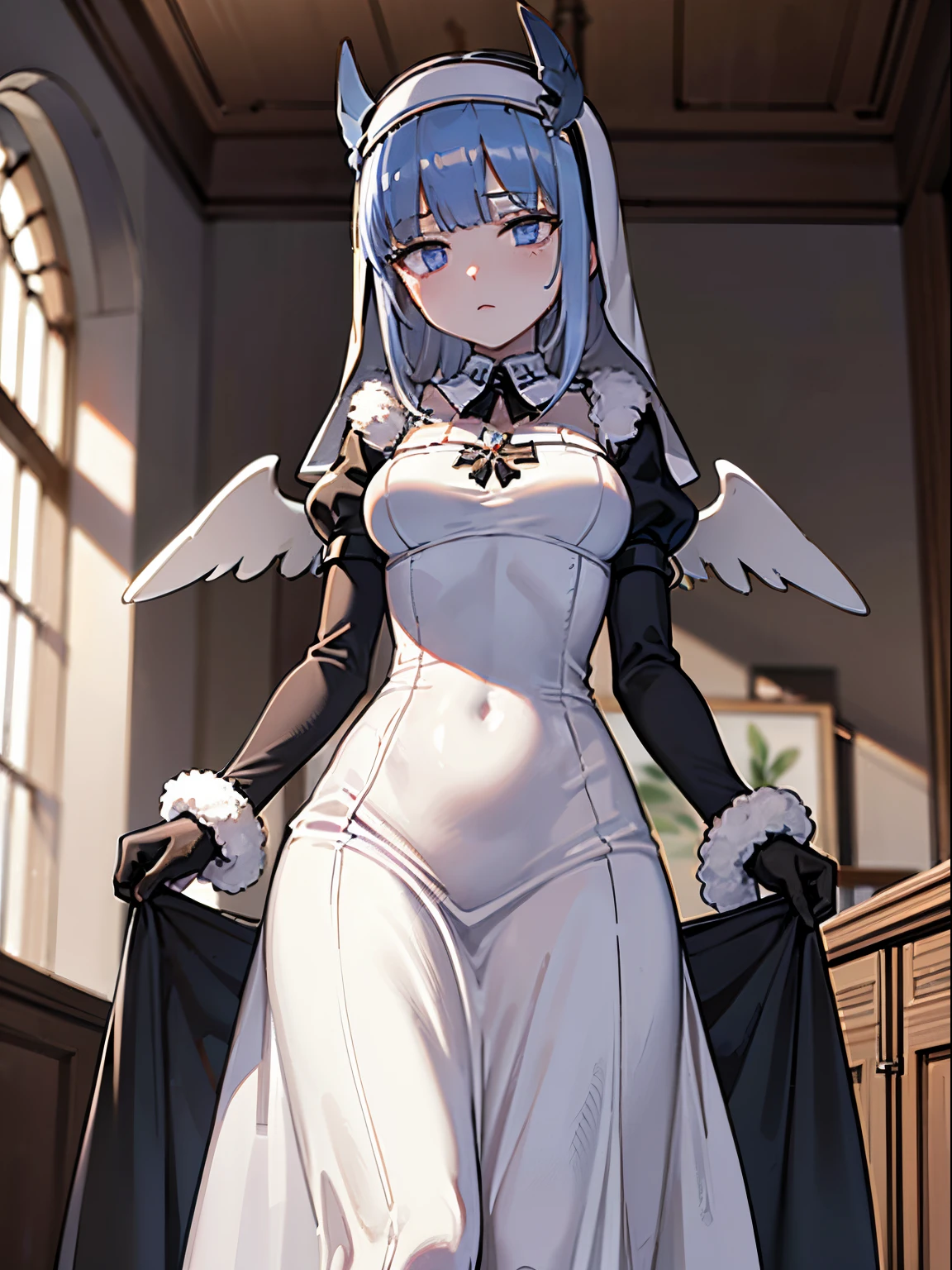 nun, ****ta hairband, detached collar, white wings, black dress, angel wings, modest, long dress, nun, nun oufit, fur trim, black gloves, elbow gloves, light blue hair, cold eyes, grey eyes, black nun dress, (modest:1.4), everything is frozen, ice building, first, cold air, indoors, ice