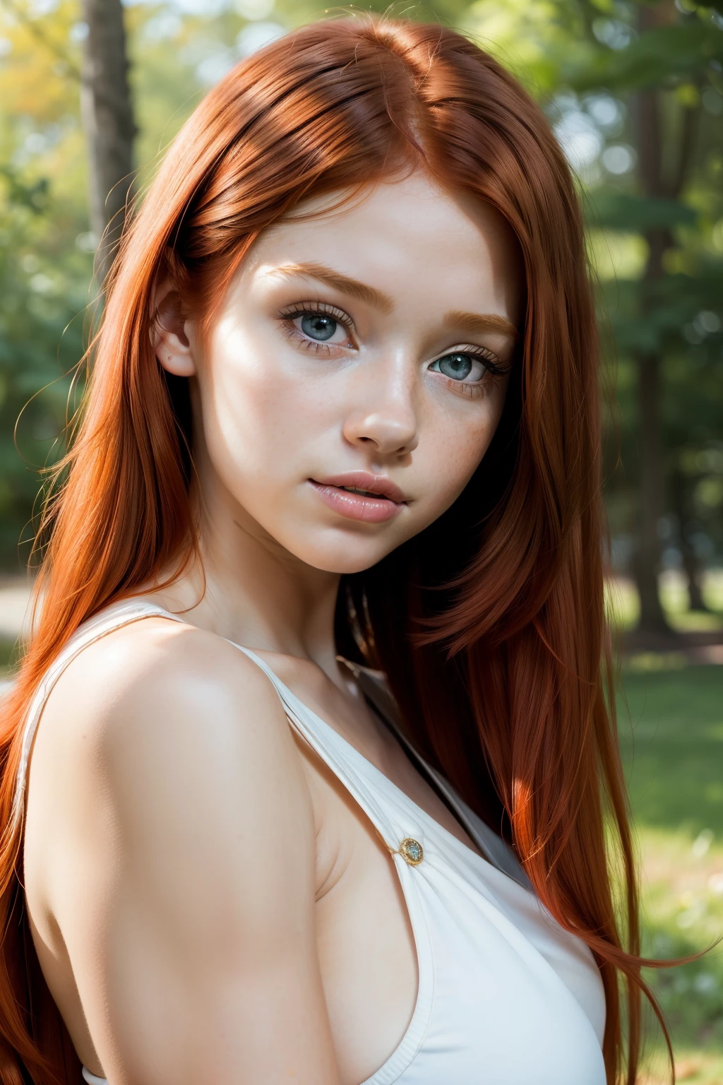 young girl,  redhead,  cinematic, The portrait showcases a young (redhead girl:1.6) with a shy and innocent demeanor,  blueish eyes,  sensual slim face,    big lips,    BIG TITS and shorts,  Her hair is styled sleek and straight,  elegantly framing her face with  adorable long hairl .Her face is illuminated by gentle lighting,  highlighting her delicate features. The girl's eyes sparkle with a hint of curiosity and her lips form a subtle,  shy smile. The background consists of a ourtoor nature autum scenery muted and warm-toned setting,  providing a calm and serene atmosphere. The composition focuses on the girl's face,  capturing the intricate details of her flawless skin,  The overall image exudes a sense of tranquility and captures the innocence and gentleness of youth