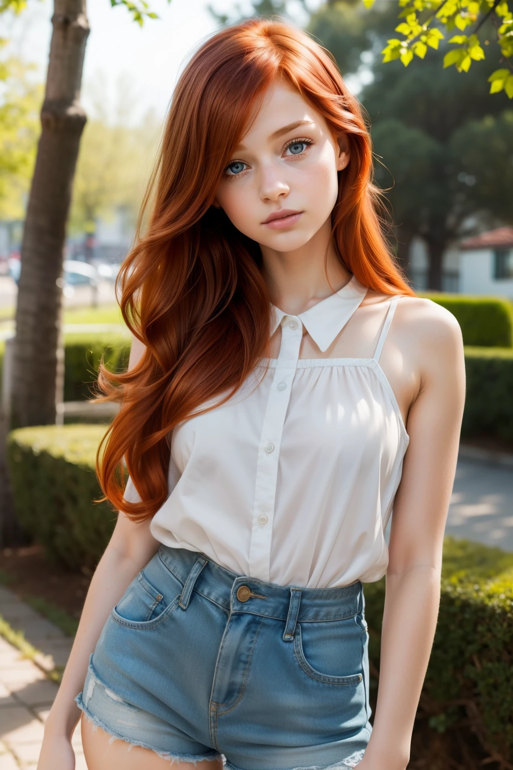young girl, redhead, cinematic, The portrait showcases a young (redhead girl:1.6) with a shy and innocent demeanor, blueish eyes, sensual slim face, big lips, BIG TITS and shorts, Her hair is styled sleek and straight, elegantly framing her face with adorable long hairl .Her face is illuminated by gentle lighting, highlighting her delicate features. The girl's eyes sparkle with a hint of curiosity and her lips form a subtle, shy smile. The background consists of a ourtoor nature autum scenery muted and warm-toned setting, providing a calm and serene atmosphere. The composition focuses on the girl's face, capturing the intricate details of her flawless skin, The overall image exudes a sense of tranquility and captures the innocence and gentleness of youth