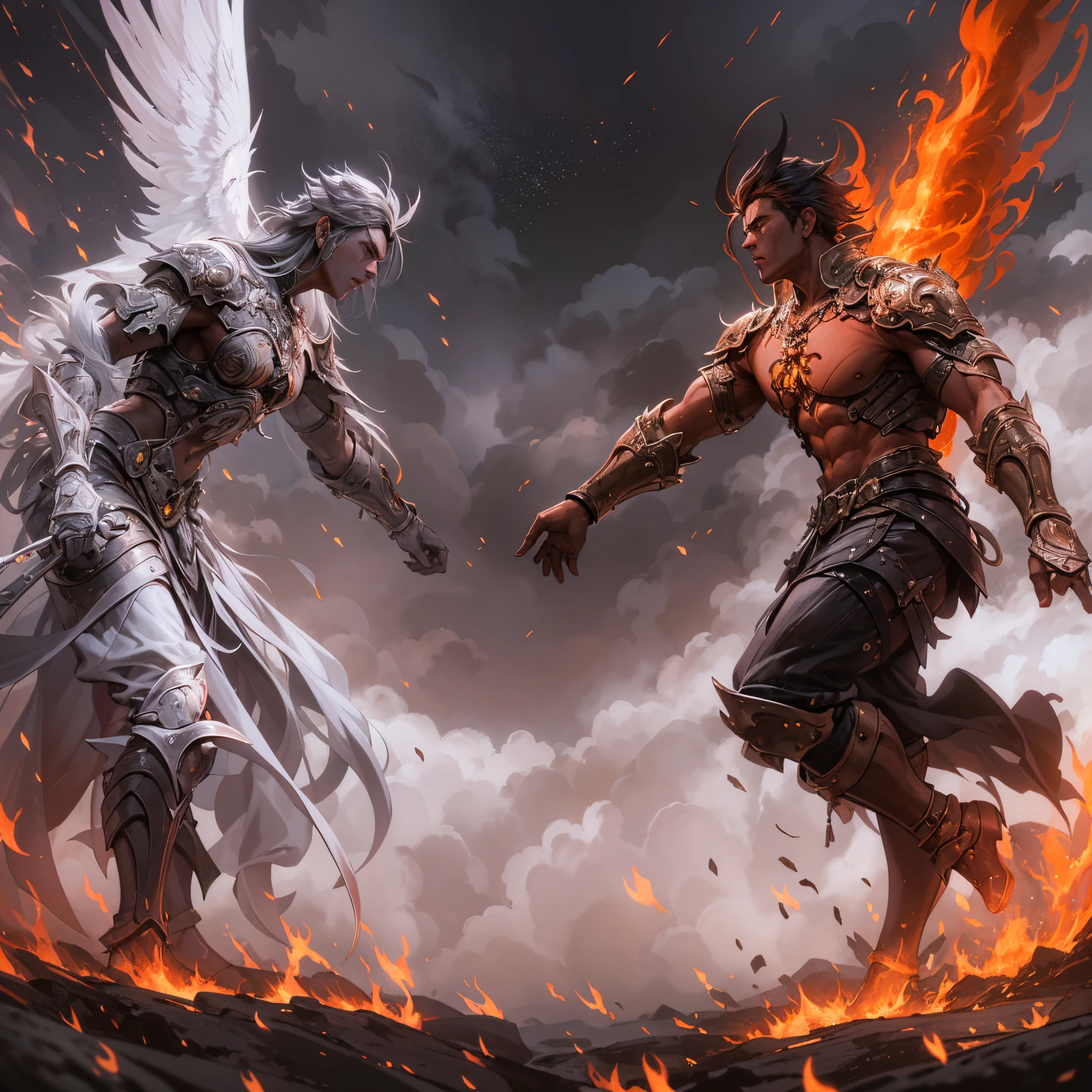 El tema：angel vs demon,pulso de fuego,lucha de brazos,prueba de fuerza,el cielo vs el infierno,lucha maganime,alas de angel blancas,alas de murcielago negras,white snow vs red sky 生成的 fast：
"(La mejor calidad,4k,8k,Altas Resoluciones,Obra maestra:1.2),Ultra detallado,(realista,fotorrealista,fotorrealista:1.37),angel vs demon,pulso de fuego,lucha de brazos,prueba de fuerza,el cielo vs el infierno,lucha maganime,ay de angel blancas,alas de murcielago negras,neves blancas vs cielo rojo,[illustration],[dynamic composition],[fantasy],[epic battle],[emociones intensas],[fiery atmosphere],[fuerzas colosales],retrato,Paisaje,foco nítido,physically based representation,profesional,vivid colors,Bokeh,tonos saturados,[Dramatic lighting]"