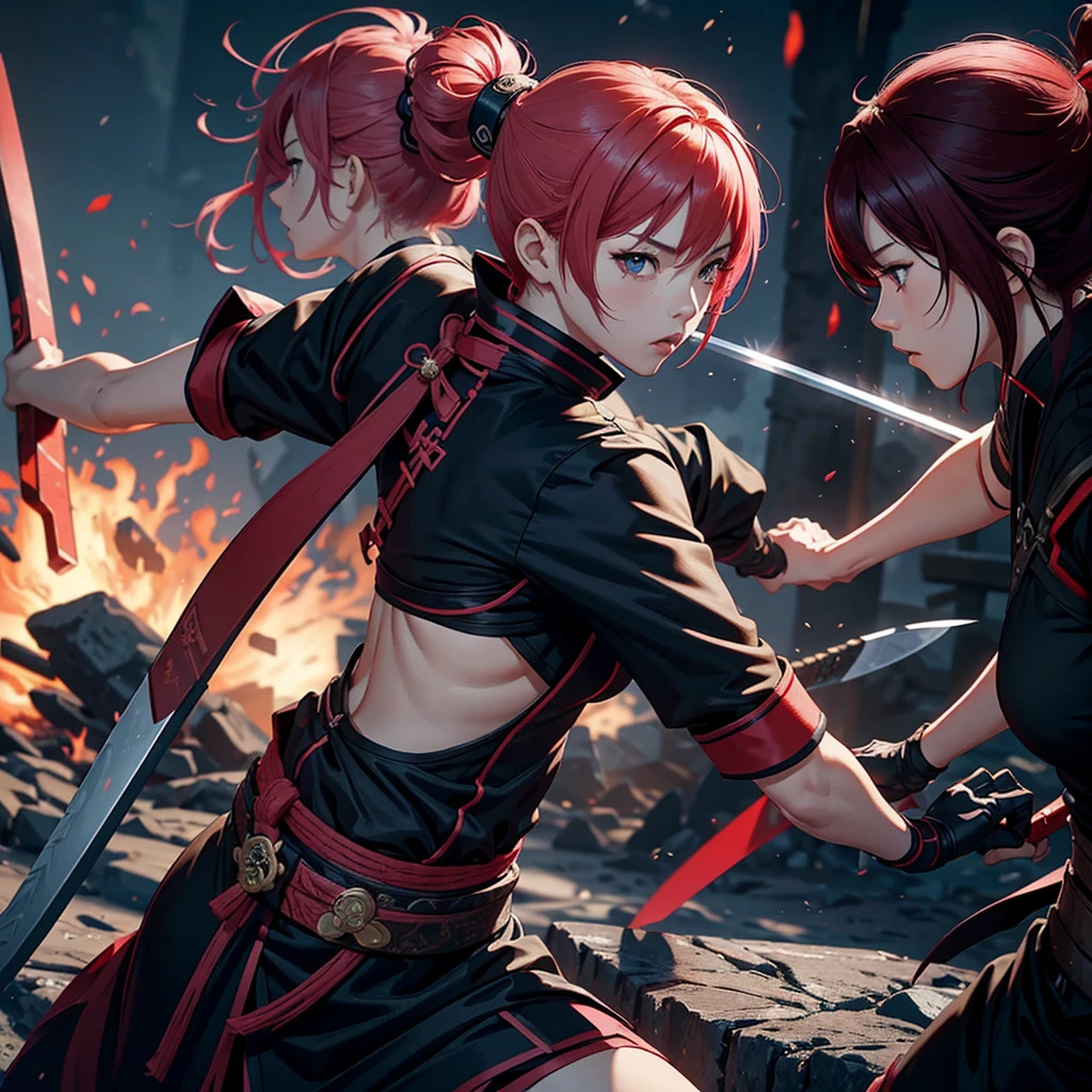 Full body shot from head to feet, two female characters from Tenchu. Kunoichi 1 attacking Kunoichi 2 with katana, while Kunoichi 2 defending with katana, but wounded and defeated, in pain expression. Both characters have long hairstyle, wear traditional sleeveless kimonos, with obi and long gloves. Both characters wears short skirt is also a prominent feature of their attire, complemented by black thigh highs stockings. The background set in a deep forest, with simple effect.
