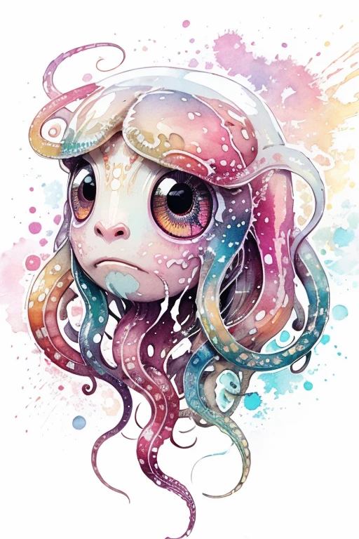 a Superb highly detailed Brightly Multi-Colored 

Box Jellyfish

-faced space alien creature with 

tentacles scales and large reflective eyes in the style of art nouveau paint splatter watercolor white background