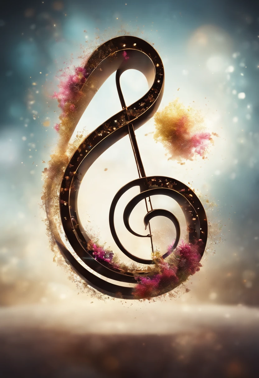 An artistic representation of a musical note floating in mid-air, surrounded by abstract elements such as swirls or bursts of color, creating a visually stunning composition
