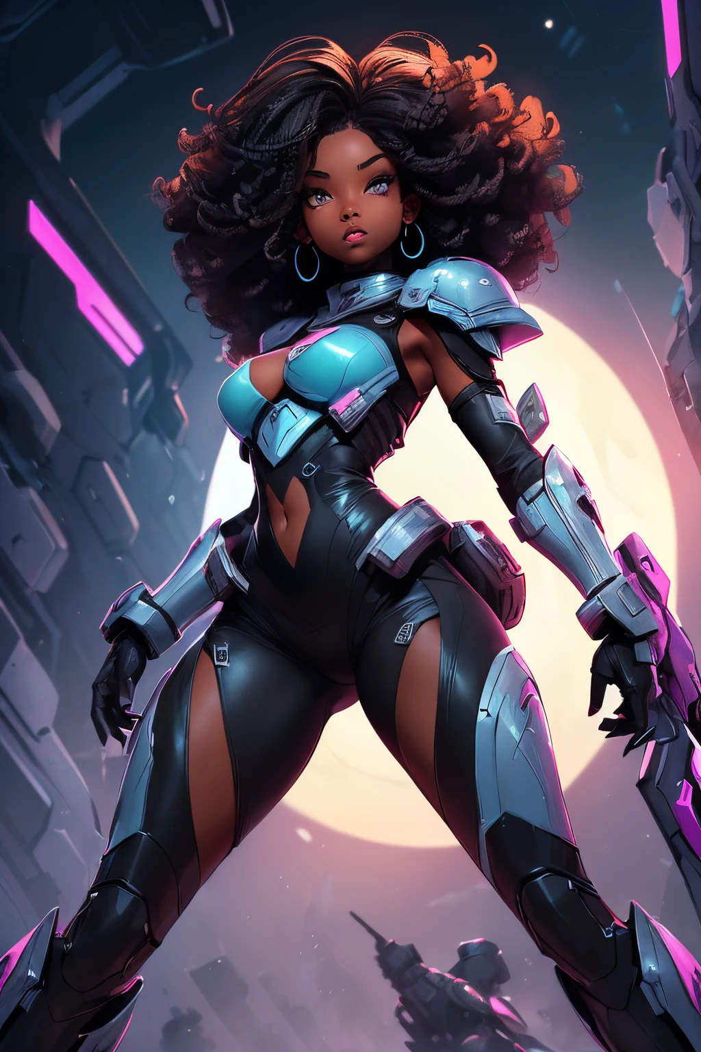 (((sfw, sexy black girl, medium breasts, black skin, slim body))), sci-fi, cropped armor, full body dynamic action pose, spaceship as background, slim body, Mandalorian hunter, full body, multicolored, curly, frizzy, modern hair, modern accessories, pastel background, colorful and simple,post-apocalypic_fashion