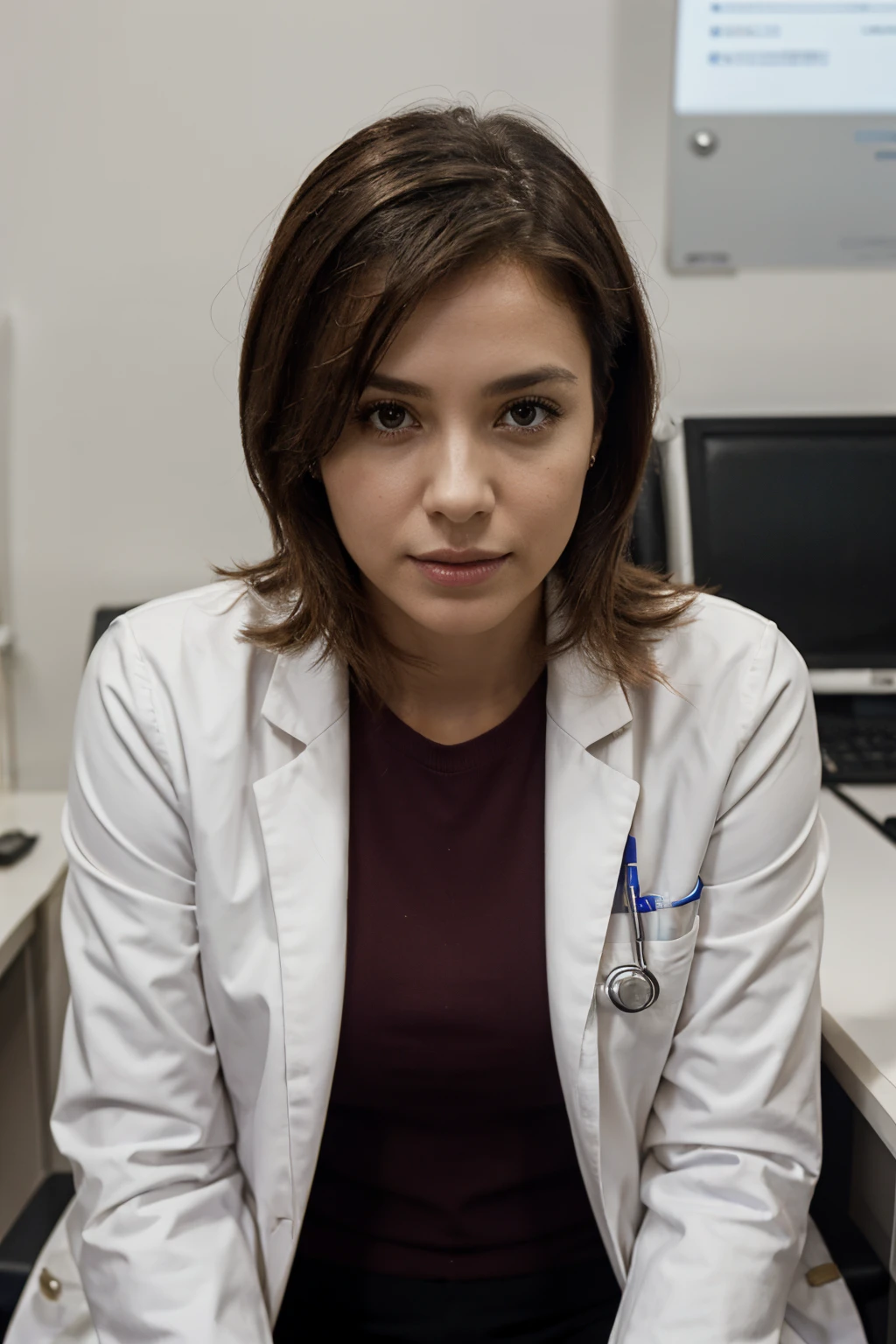 The woman, doctor in a white coat sits at a table in a medical office, accepts patients.