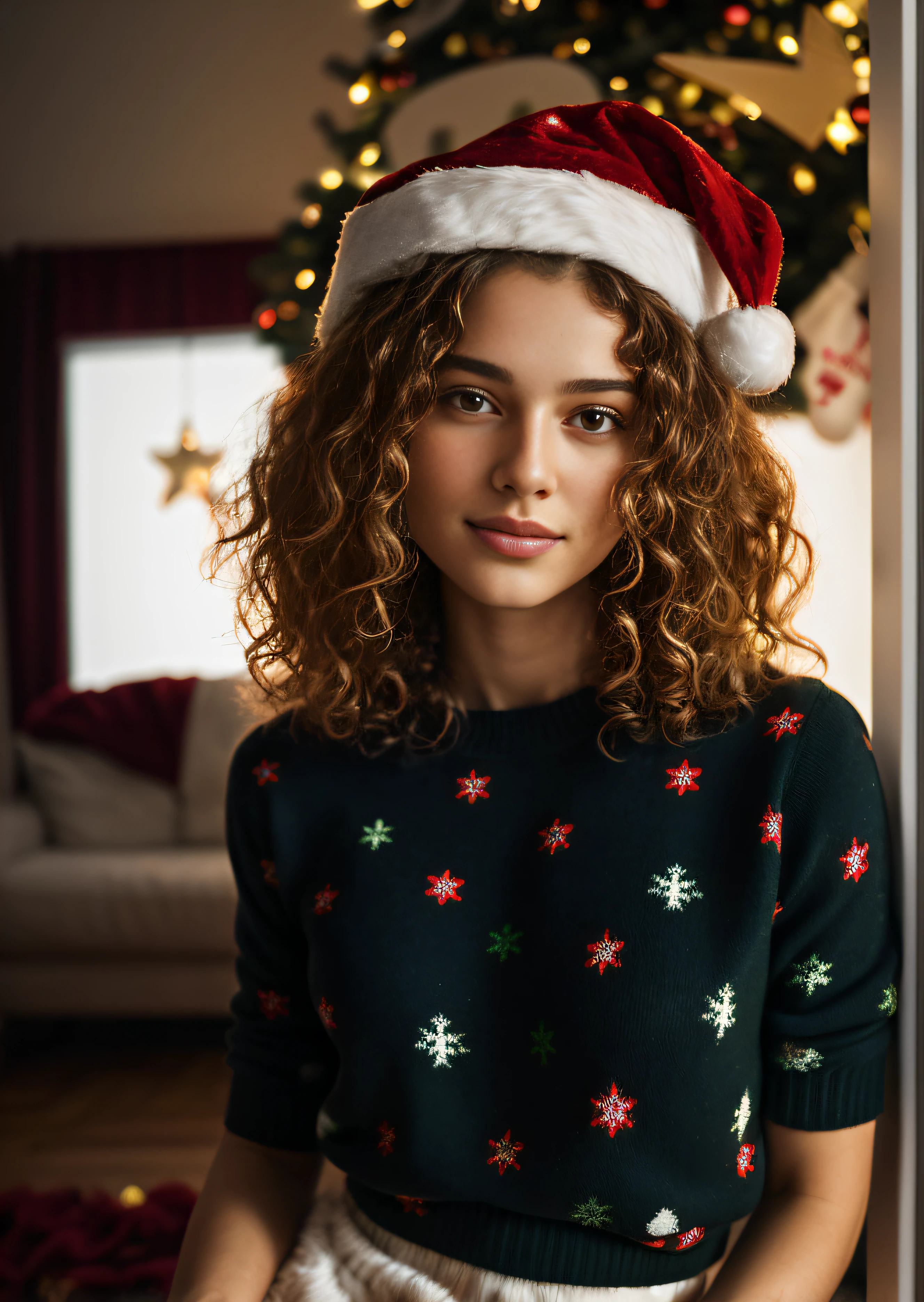arafed woman with curly hair kneels next to the Christmas tree, holding glass of Champagne, beautiful young girl, gorgeous young model, by irakli nadar, cute young woman, anna nikonova aka newmilky, very beautiful young woman, high quality portrait, sofya emelenko, beautiful young woman, portrait of a beautiful girl, very beautiful girl, messy curly hair, wearing christmas sweater, shorts, wearing santa cap, christmas tree lighting behind her, christmas tree in the apartment in Rome
