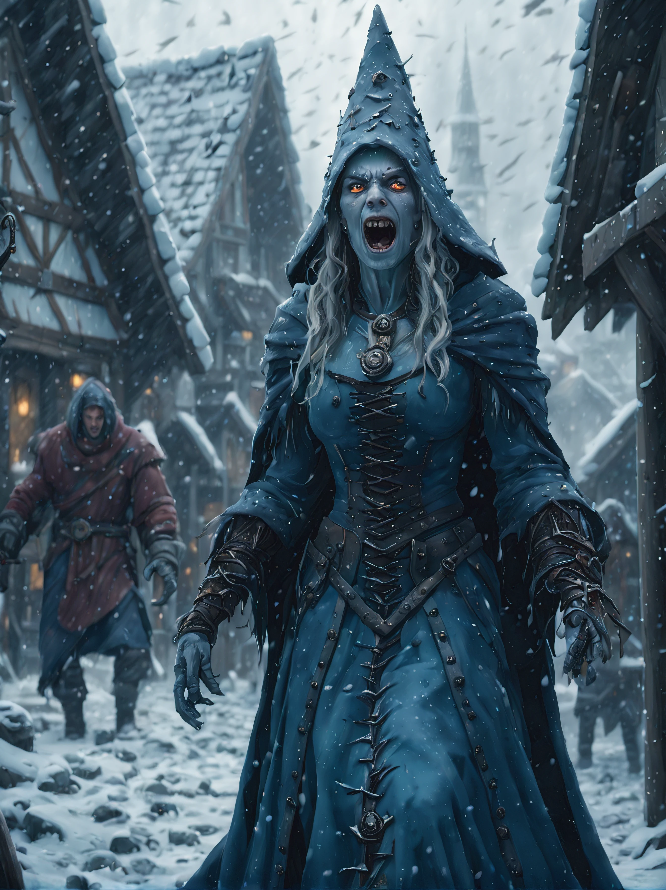 raw photo, cinematic shot, photorealistic, a female cybermutant frost witch in a (crowded) medieval village in a blizzard covered in numerous eyes and mouths, ice snow snowing stormy (detailed, high quality, highres, 8k, high resolution)