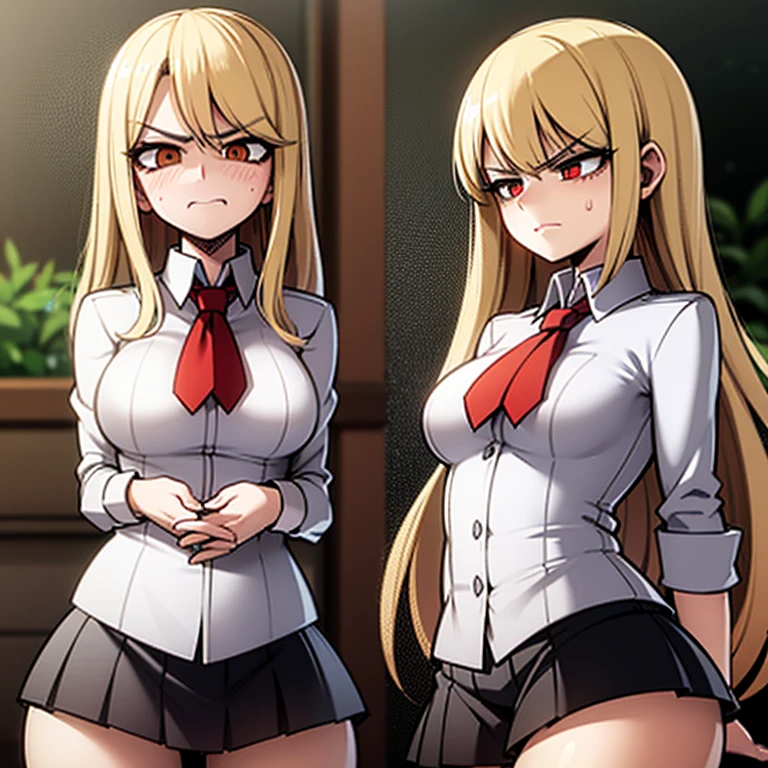 Angry,human girl,arms crossed,ite body,long flowing blonde hair, looking away from POV,glare,black school uniform, short skirt,thick legs, blushing face, embarrassed expression, flat nonexistent breast,tiny a cup breast