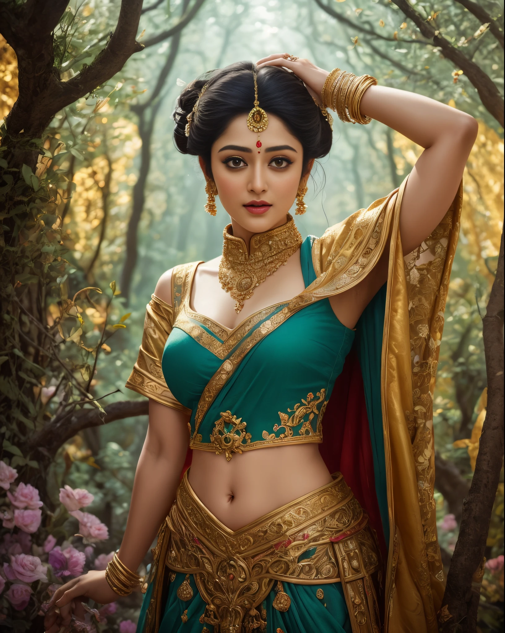 Face mix of Anushka Shetty and Nayanthara, a masterpiece ultrarealistic ultradetailed portrait of a beautiful girl in incredible goledn armor. baroque renaissance. in forest. medium shot, intricate, elegant, highly detailed. trending on artstation, digital art, by stanley artgerm lau, wlop, rossdraws, james jean, andrei riabovitchev, marc simonetti, yoshitaka amano. background by james jean and gustav klimt, light by julie bell, 4 k, porcelain skin.
