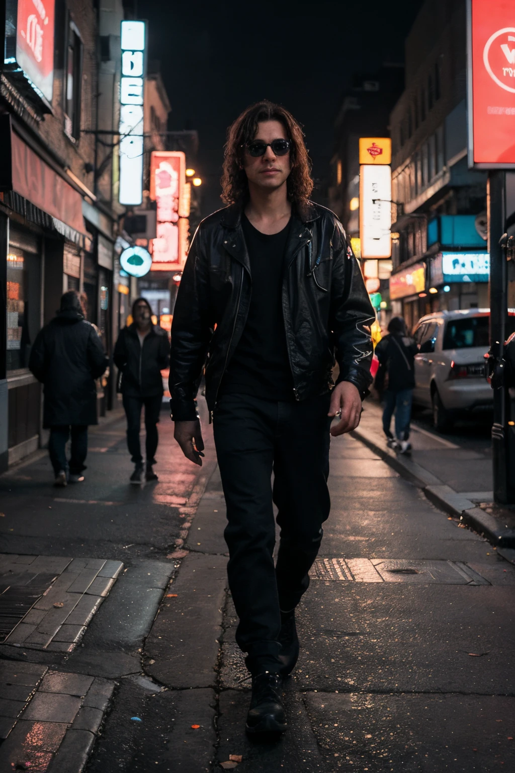 ((Best Quality)), ((Masterpiece)), (Detailed), a perfect face, neon dark cyberpunk city, a tall man with curly hair in dark glasses is walking down the street and a pink cyber raccoon is next to him