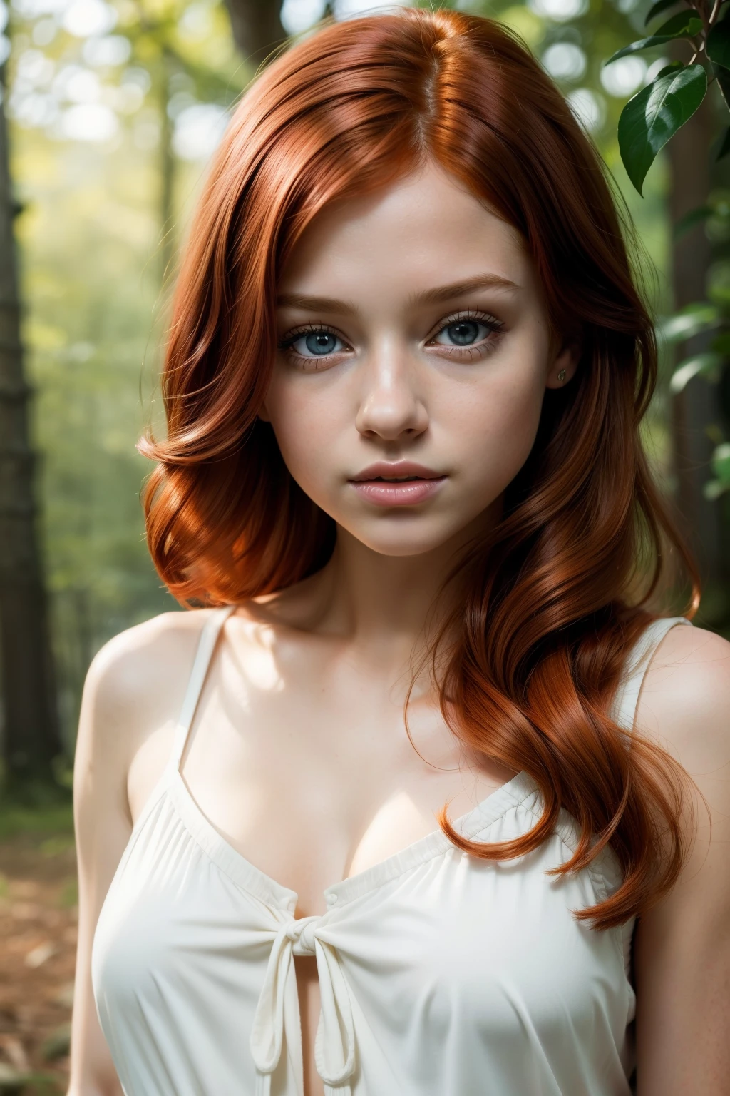 young girl,  redhead,  cinematic, The portrait showcases a young (redhead girl:1.6) with a shy and innocent demeanor,  blueish eyes,  sensual slim face,    big lips,    BIG TITS and shorts,  Her hair is styled sleek and straight,  elegantly framing her face with  adorable long hairl .Her face is illuminated by gentle lighting,  highlighting her delicate features. The girl's eyes sparkle with a hint of curiosity and her lips form a subtle,  shy smile. The background consists of a ourtoor nature autum scenery muted and warm-toned setting,  providing a calm and serene atmosphere. The composition focuses on the girl's face,  capturing the intricate details of her flawless skin,  The overall image exudes a sense of tranquility and captures the innocence and gentleness of youth