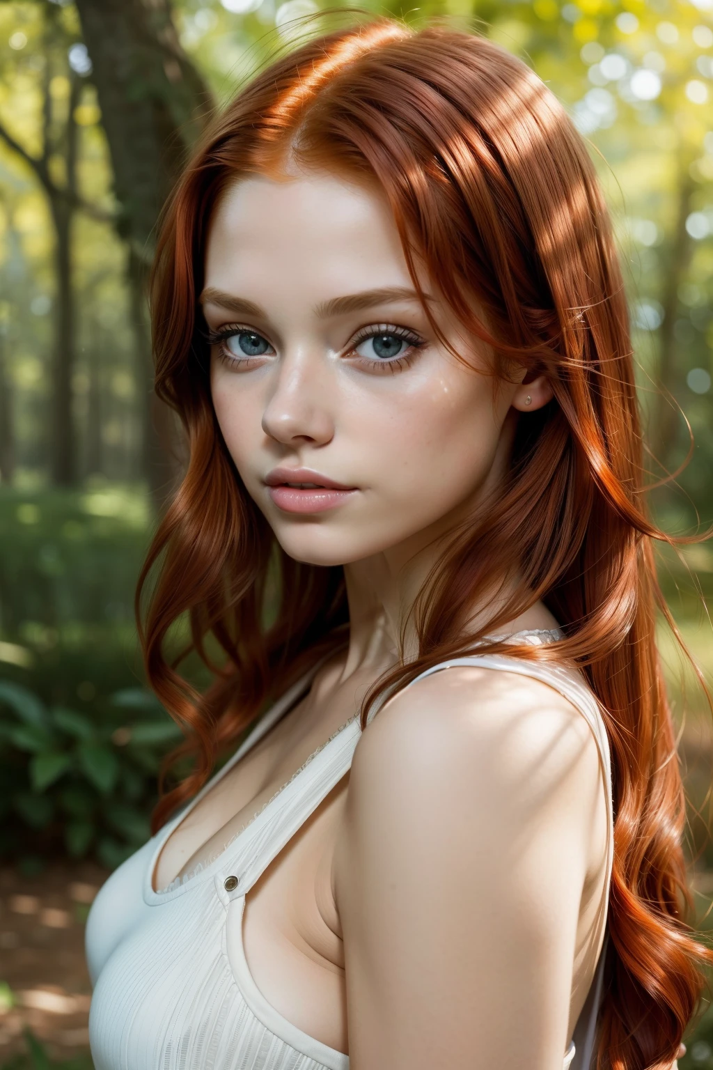 young girl,  redhead,  cinematic, The portrait showcases a young (redhead girl:1.6) with a shy and innocent demeanor,  blueish eyes,  sensual slim face,    big lips,    BIG TITS and shorts,  Her hair is styled sleek and straight,  elegantly framing her face with  adorable long hairl .Her face is illuminated by gentle lighting,  highlighting her delicate features. The girl's eyes sparkle with a hint of curiosity and her lips form a subtle,  shy smile. The background consists of a ourtoor nature autum scenery muted and warm-toned setting,  providing a calm and serene atmosphere. The composition focuses on the girl's face,  capturing the intricate details of her flawless skin,  The overall image exudes a sense of tranquility and captures the innocence and gentleness of youth
