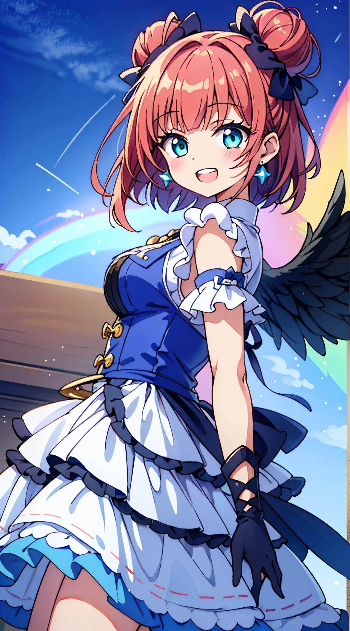 masutepiece, Best Quality, Extremely detailed, (((watercolor paiting))),
BREAK,
( girl), 1 beautiful girl, (Cute:1.5), (Chibi: 0.8), (kawaii: 1.5), (Lori: 0.5), (17 years oldK(Red hair, short-hair,2 hair buns,Blunt bangs:1.4),(:D,grin:1.3),{Heterochromia,pale blue eyes,pale green eyes, Eye Highlights,The first hyperfine stars:1.5},star eye silhouette,(long eyelashes, Double eyelids:1.2),(de pele branca),BREAK,Clear skin,Beautiful skin, ,(best quality face),(Top quality glowing eyes),(The best smile,:D:1.45), BREAK ,
BREAK ((Colorful, Vivid Color):1.3), (like a hologram々tome'It's a bright colored dress:1.5), ((rainbow crinoline, Multilayer skirt in rainbow colors):1.4), (Gothic lolita:1.2), (lace-up:1.((Sleeveless, Bare shoulders):1.2), (Rainbow Fairy Wings:1.3),
BREAK (Platform High Boots:1.1), (Long gloves:1.2), ((earrings, Riman):1.2),
BREAK,inside in room, kawaii room,Boken,desk work,pastel colored waterfall,depth of fields,
BREAK,wakame,wakame,wakame,(Dynamic Angle:1.4),
BREAK,(Blurry background:1.3),(absurderes, hight resolution, Super Detail Art),cel shading,Clear Color, Lonely optical effect, Beautiful pictures, Bright glow, mystic atmosphere,(Close-up of girl:1.1), Mystical light particle effect,manga influence, clean line drawings,