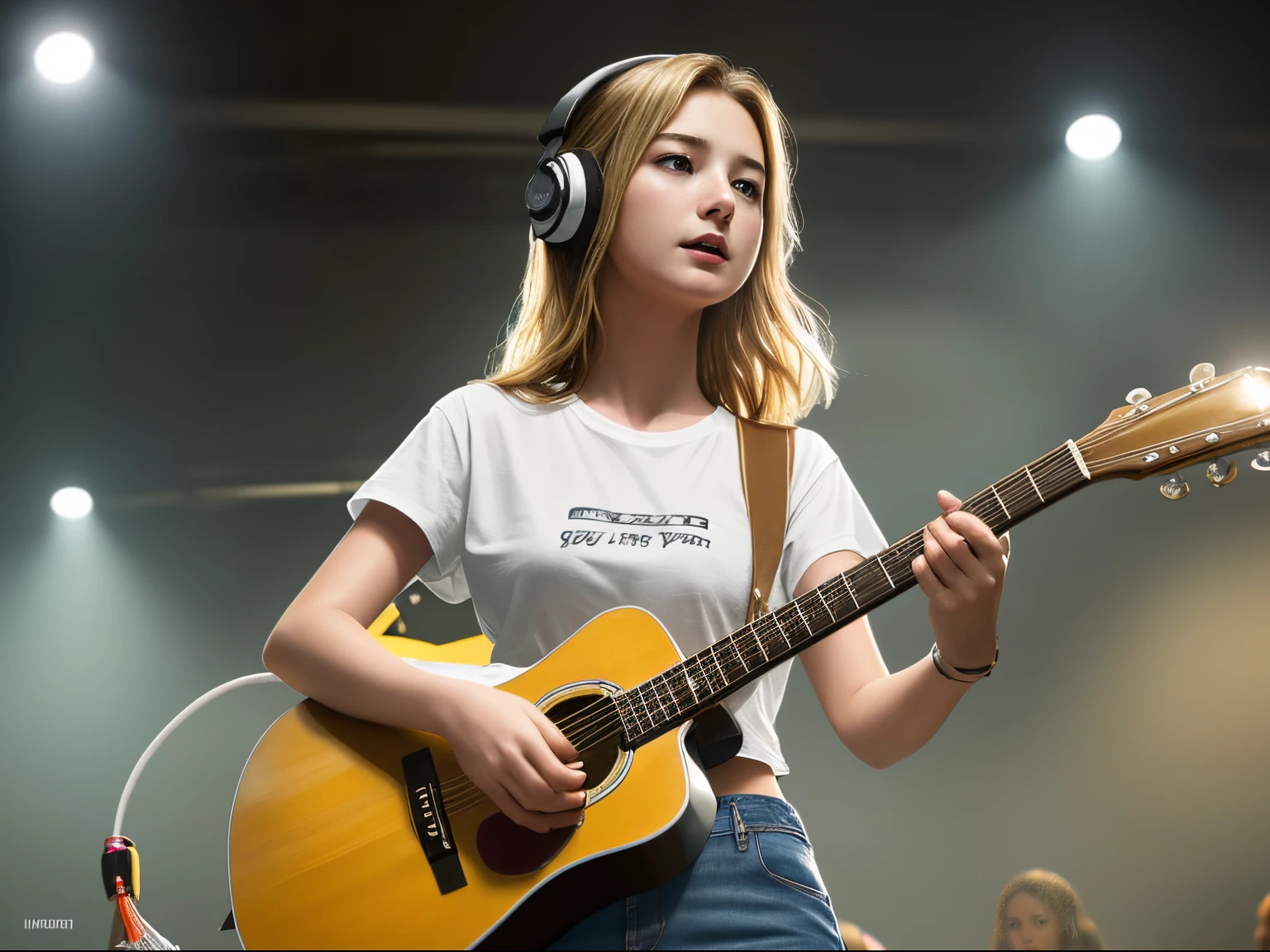 top quality 32k raw photo of 18-year-old Emily VanCamp wearing white T shirt and jeans skirt and headphone. navel look. she is on the disco stage playing guitar without microphone. colorful lights,