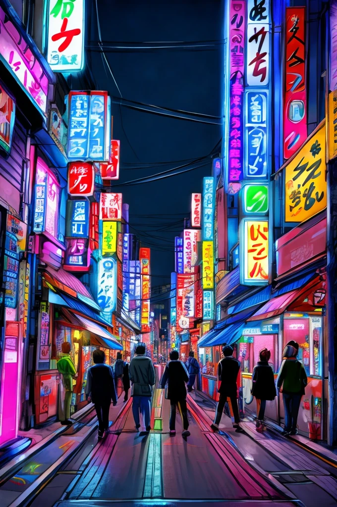 cartoon of a busy Tokyo street night, neons