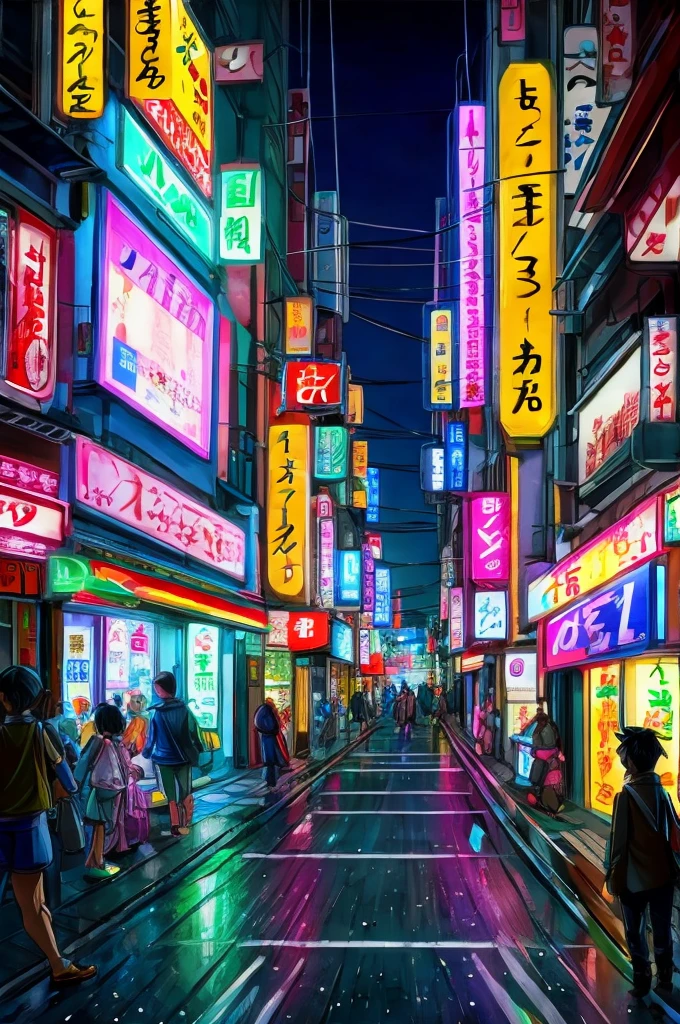 cartoon of a busy Tokyo street night, neons