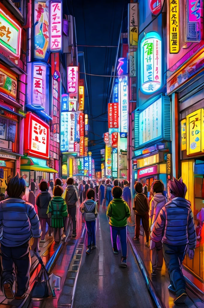 cartoon of a busy Tokyo street night, neons