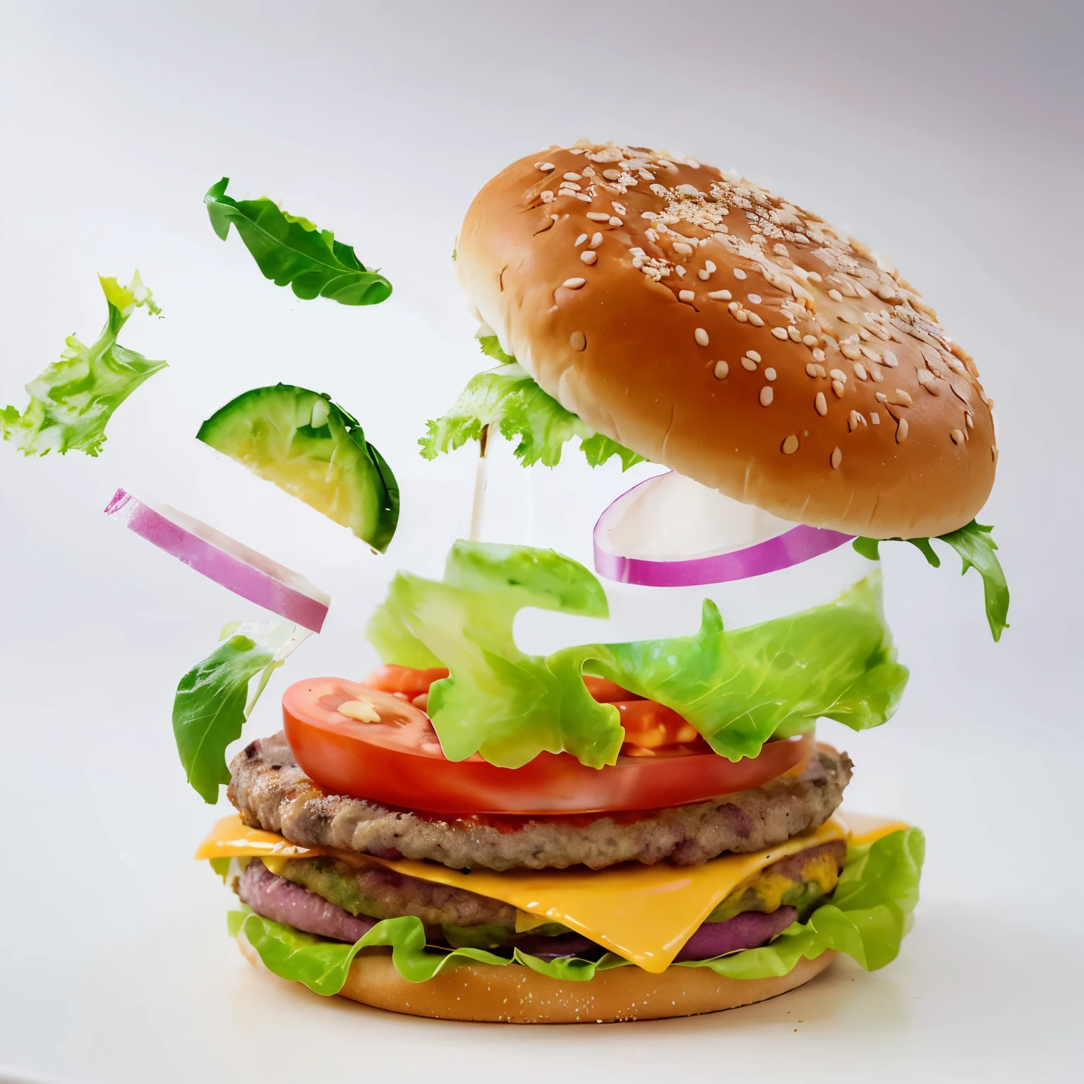 araffe with salad, tomato, Bow, and cheese on a bun, Food Commerce 4K, super realistic food picture, hamburger, Fast food, Food Advertising, high quality food photography, hamburger, Burger with mouth, food particles, cheeseburger, A large, juicy burger, Hamburgers, Fast Food Review, Burger work, Professional food photography, Food Photography