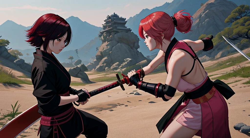 A red hair female samurai, fighting with her sword against a short black hair female Ninja, and a pink hair Chinese girl is fighting with both girls too, they are all fighting against each other in this Ancient Asian battlefield. 4k, unreal engine, cinematic, high quality image