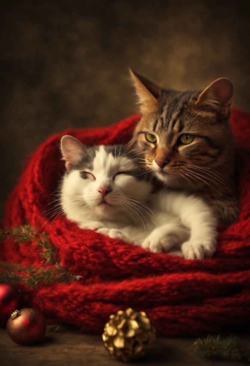 Extremely realistic photo of adorable mouse and cat sleeping recumbent close to each other wearing a woolen red scarf, Christmas decore, "HDRI, Rembrandt Lighting, f/8.5, 10mm Lens" Neo photographic pictorialism style.