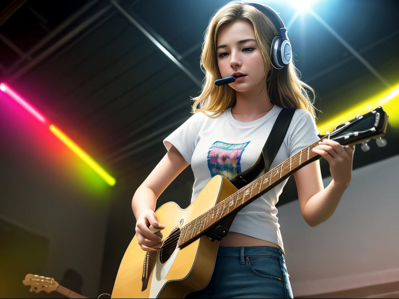 top quality 32k raw photo of 18-year-old Emily VanCamp wearing white T shirt and jeans skirt and headphone. navel look. she is on the disco stage playing guitar without microphone. colorful lights,