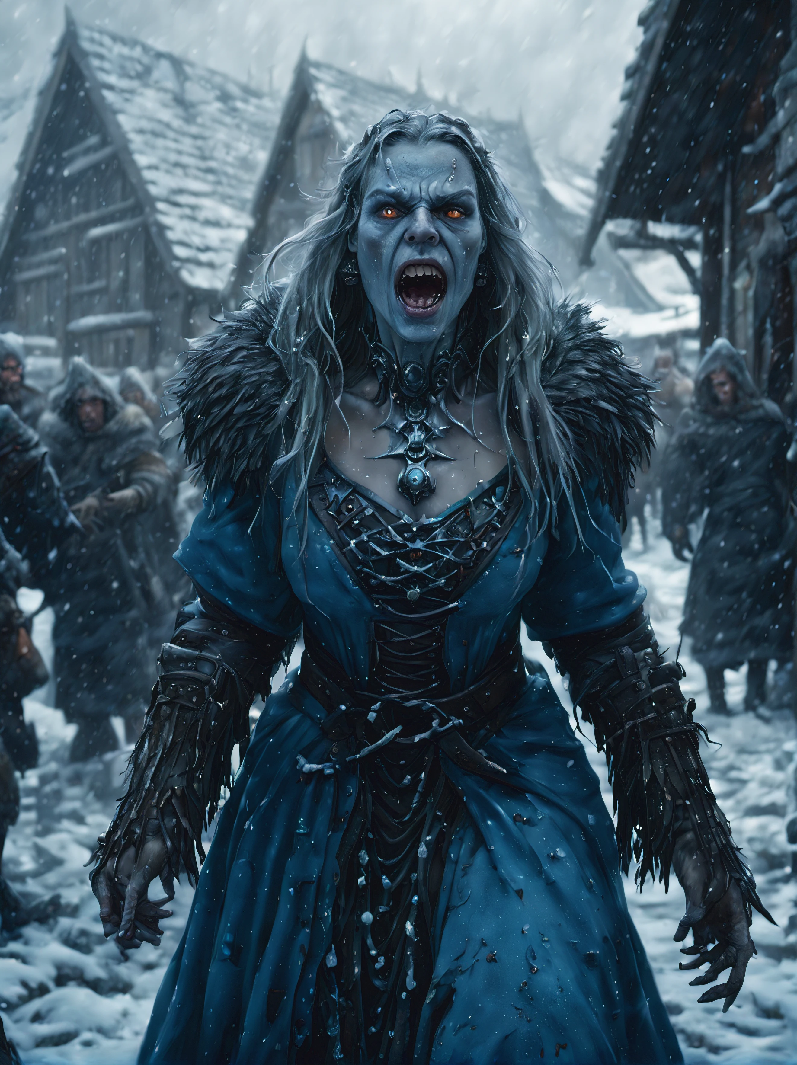 raw photo, cinematic shot, photorealistic, a female (cybermutant) frost witch in a (crowded) medieval village in a blizzard covered in numerous eyes and mouths, ice snow snowing stormy (detailed, high quality, highres, 8k, high resolution)